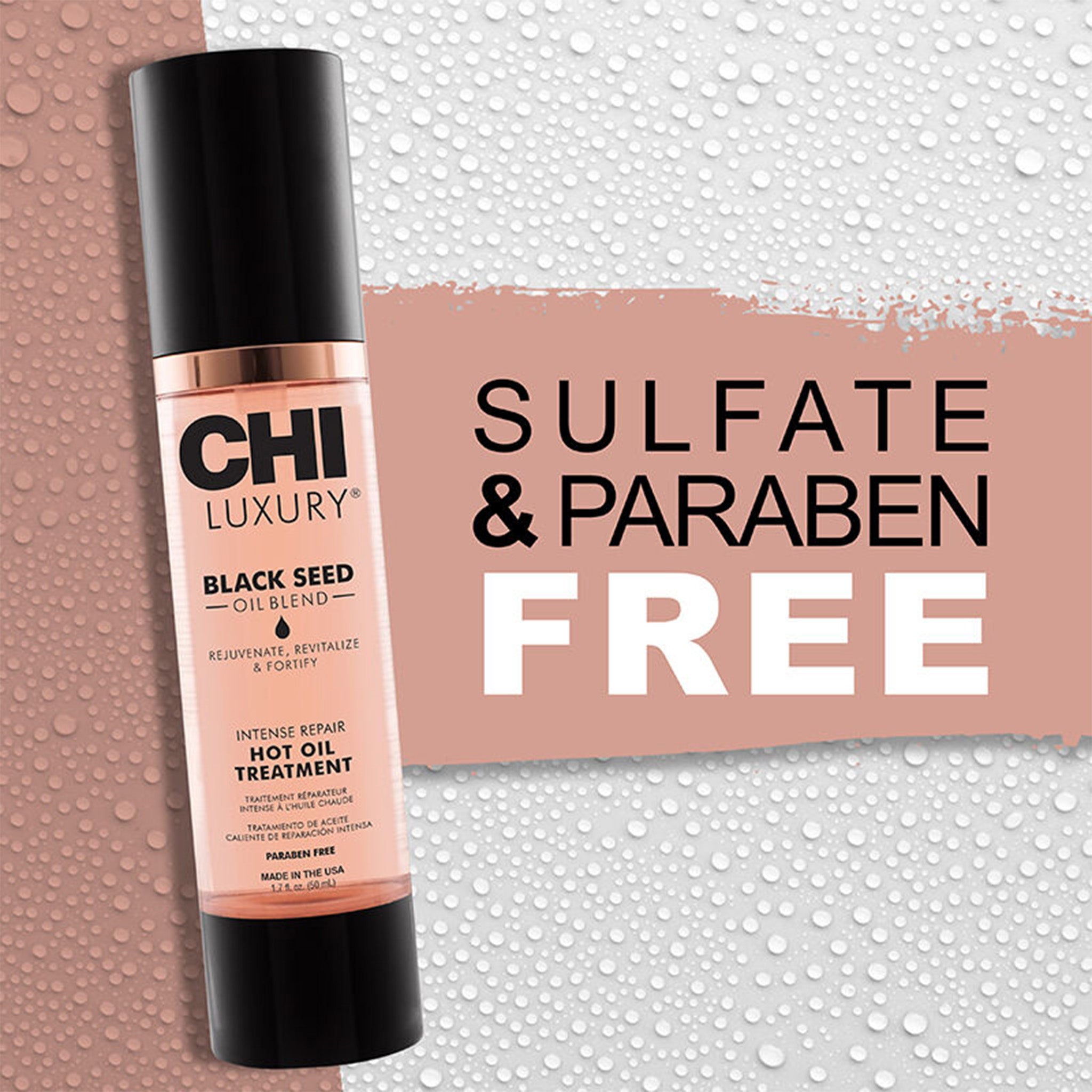 CHI Luxury Black Seed Oil blend bottle with sulfate and paraben free text on a textured background