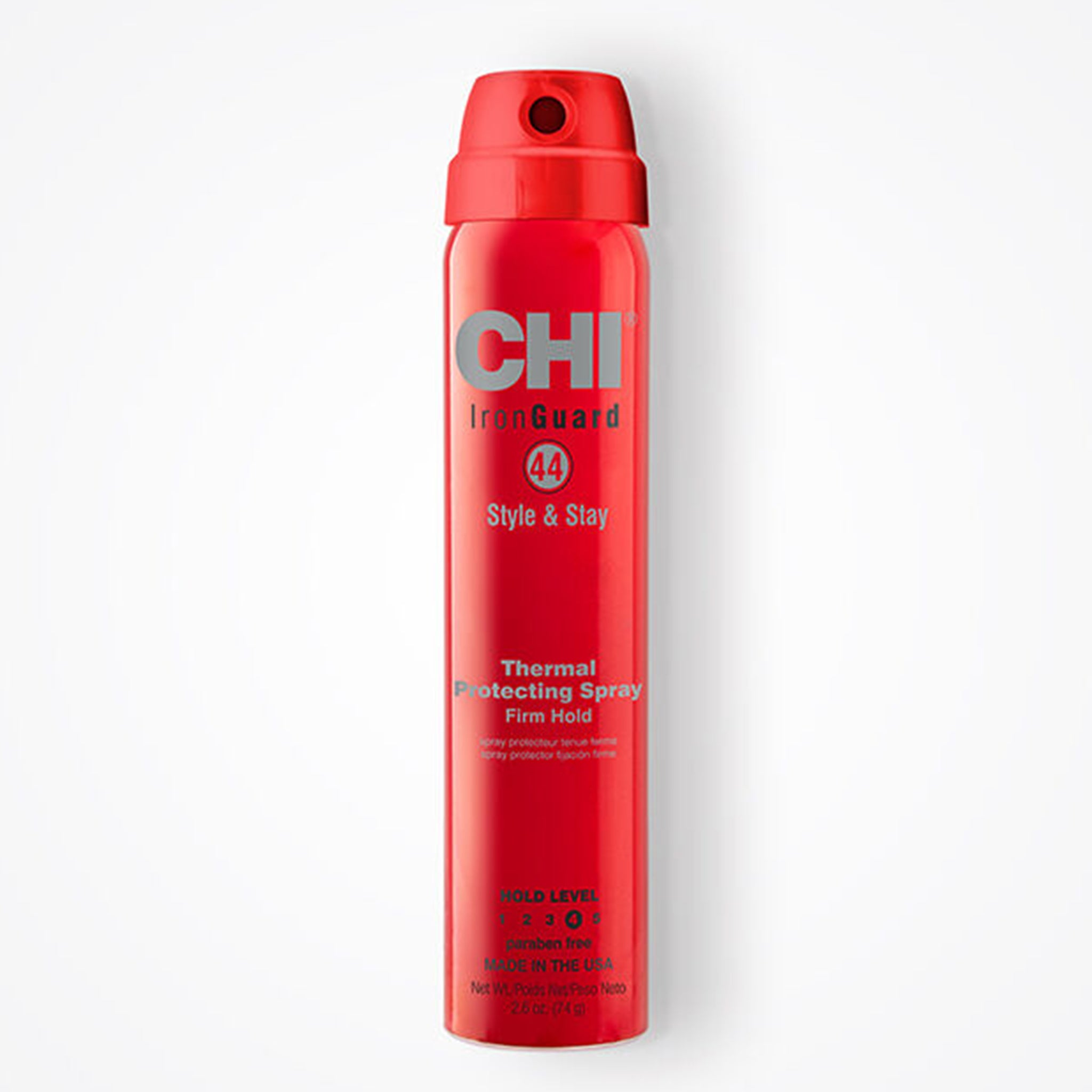 Red bottle of CHI Iron Guard 44 Thermal Protecting Spray on a white background