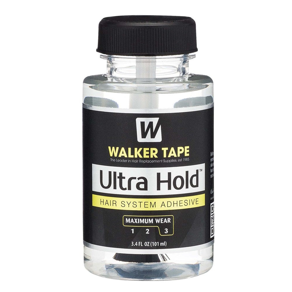 Bottle of Walker Tape Ultra Hold hair system adhesive on a white background