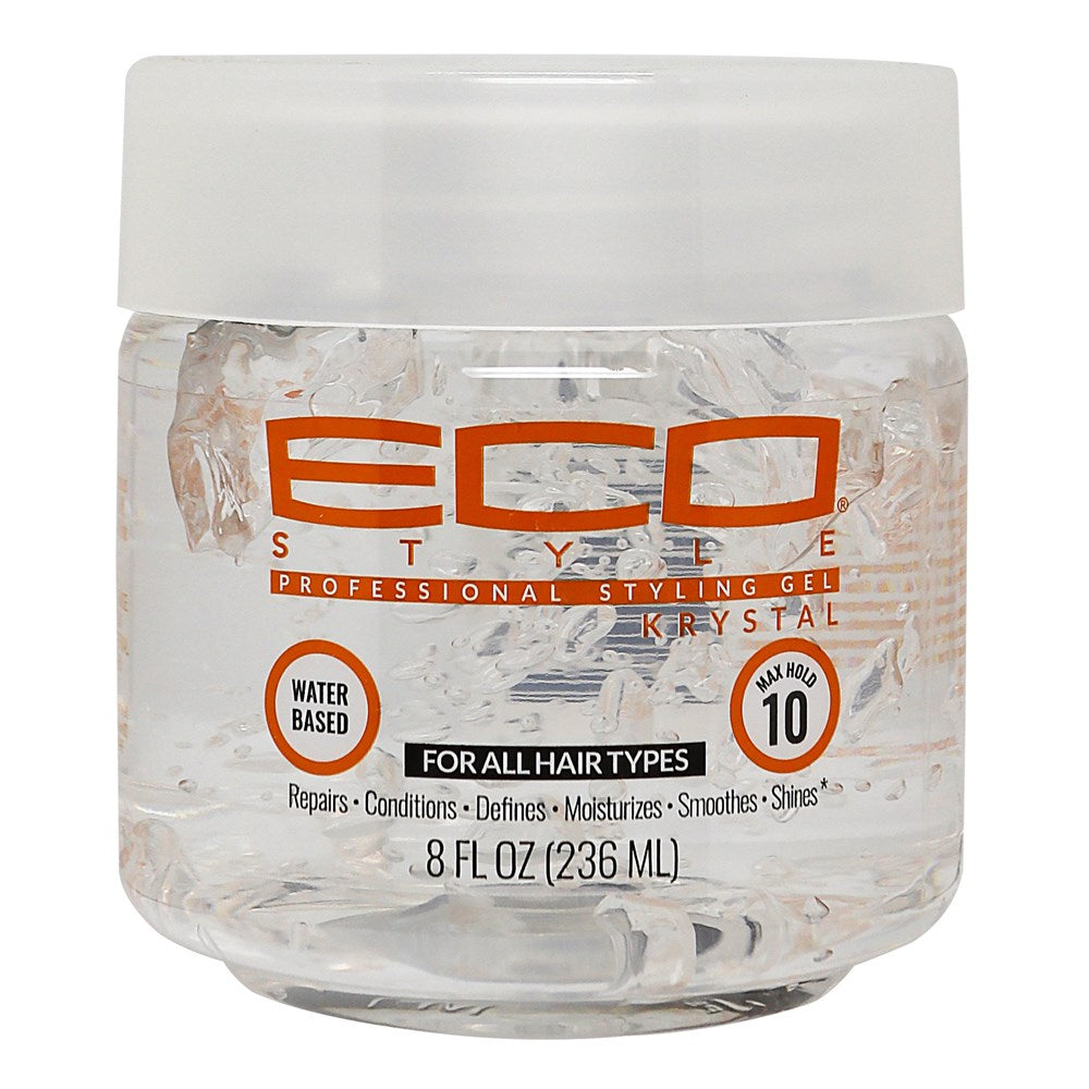 Clear jar of Eco Style Professional Styling Gel with orange and black text on a white background