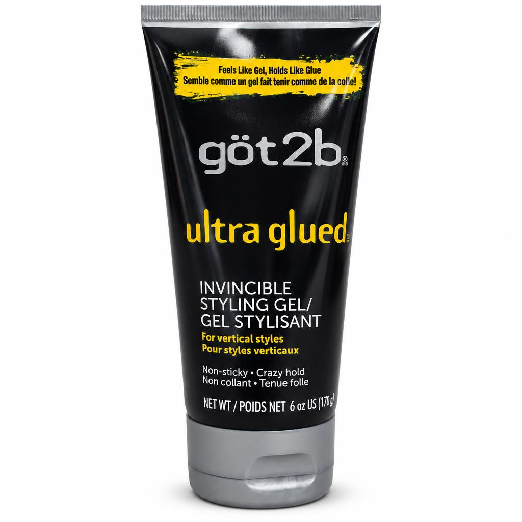 A 6 oz squeeze tube of got2b ultra glued Invincible Styling Gel, featuring a black body with yellow and white text, on a white background.