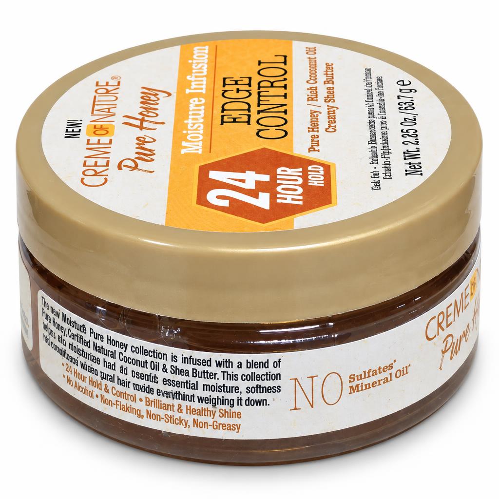 A jar of Creme de Nature Pure Honey Edge Control hair product, featuring a gold lid with a white and orange label, and a clear jar showing the brown hair treatment inside.