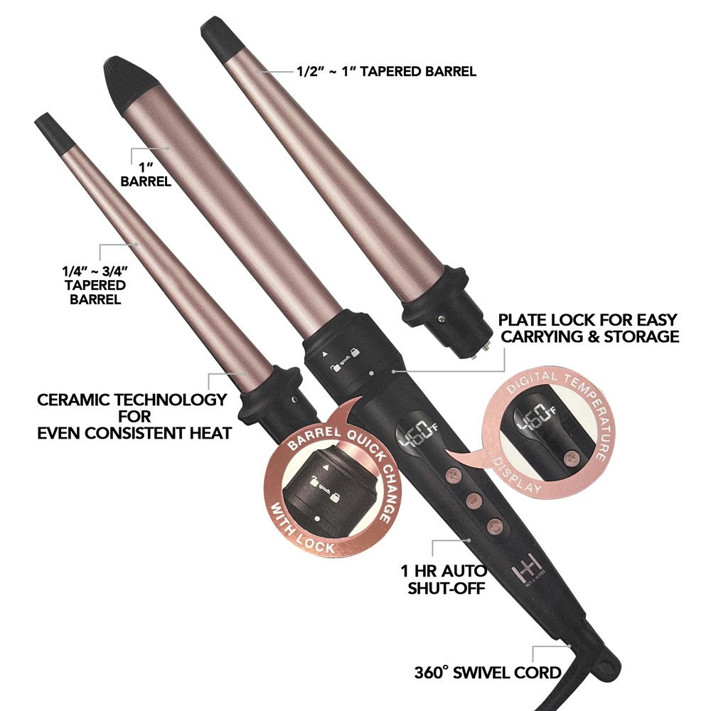 Annie Hot & Hotter 3 in 1 Interchangeable Digital Curling Wand Set Rose  Gold & Black