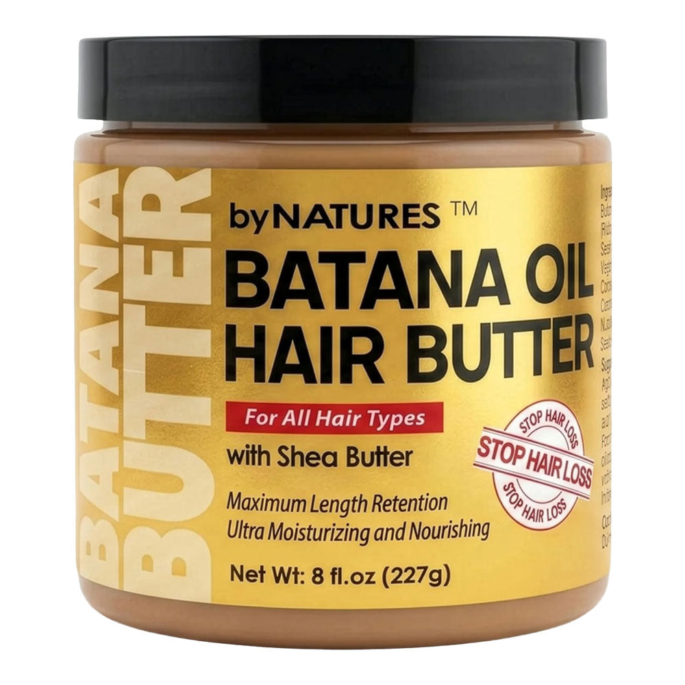 A jar of byNATURES Batana Oil Hair Butter with Shea Butter, featuring a black lid and a gold label with black text.
