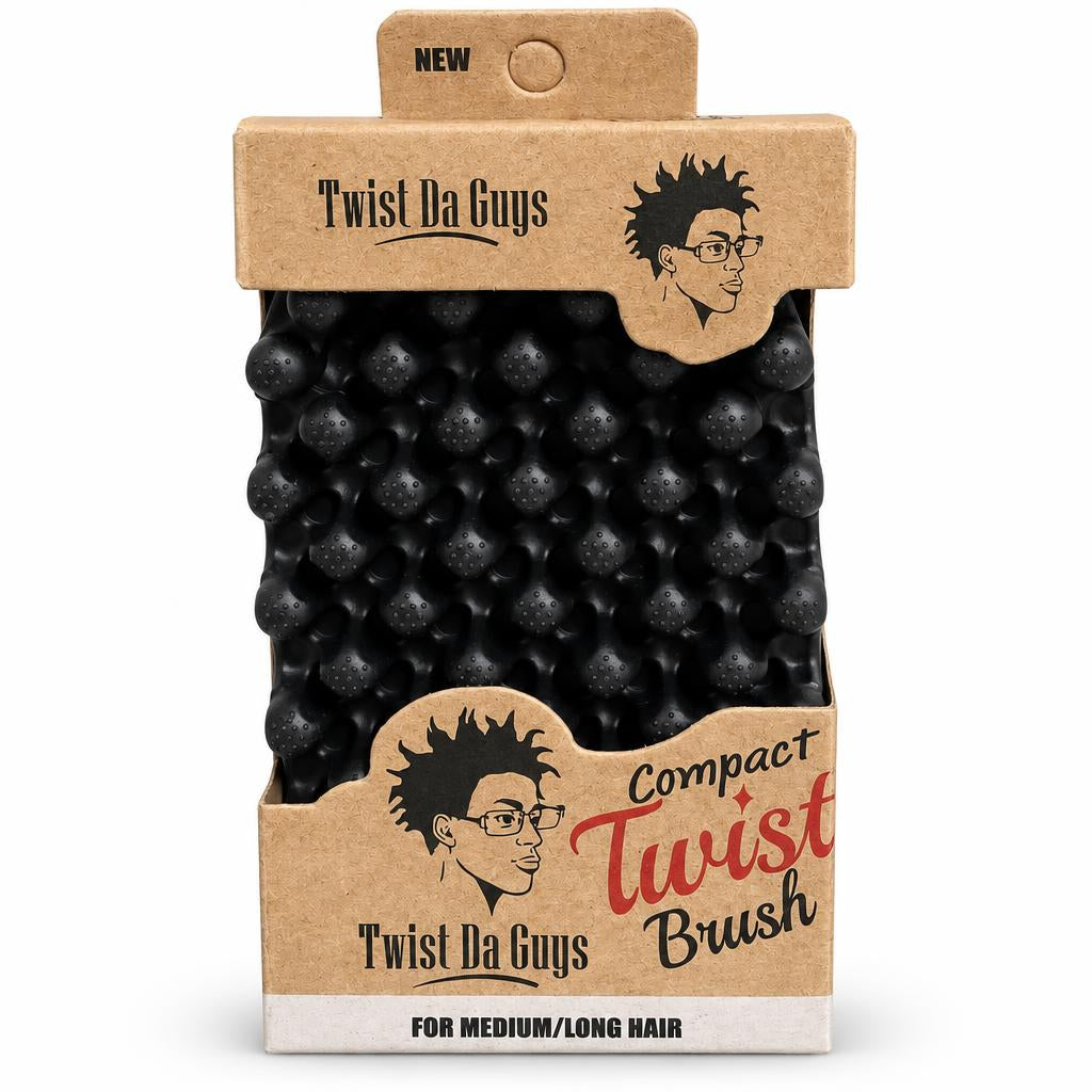 Twist Da Guys Compact Twist Brush for medium to long hair, shown in its original kraft paper packaging with a black textured hair twisting tool visible inside.