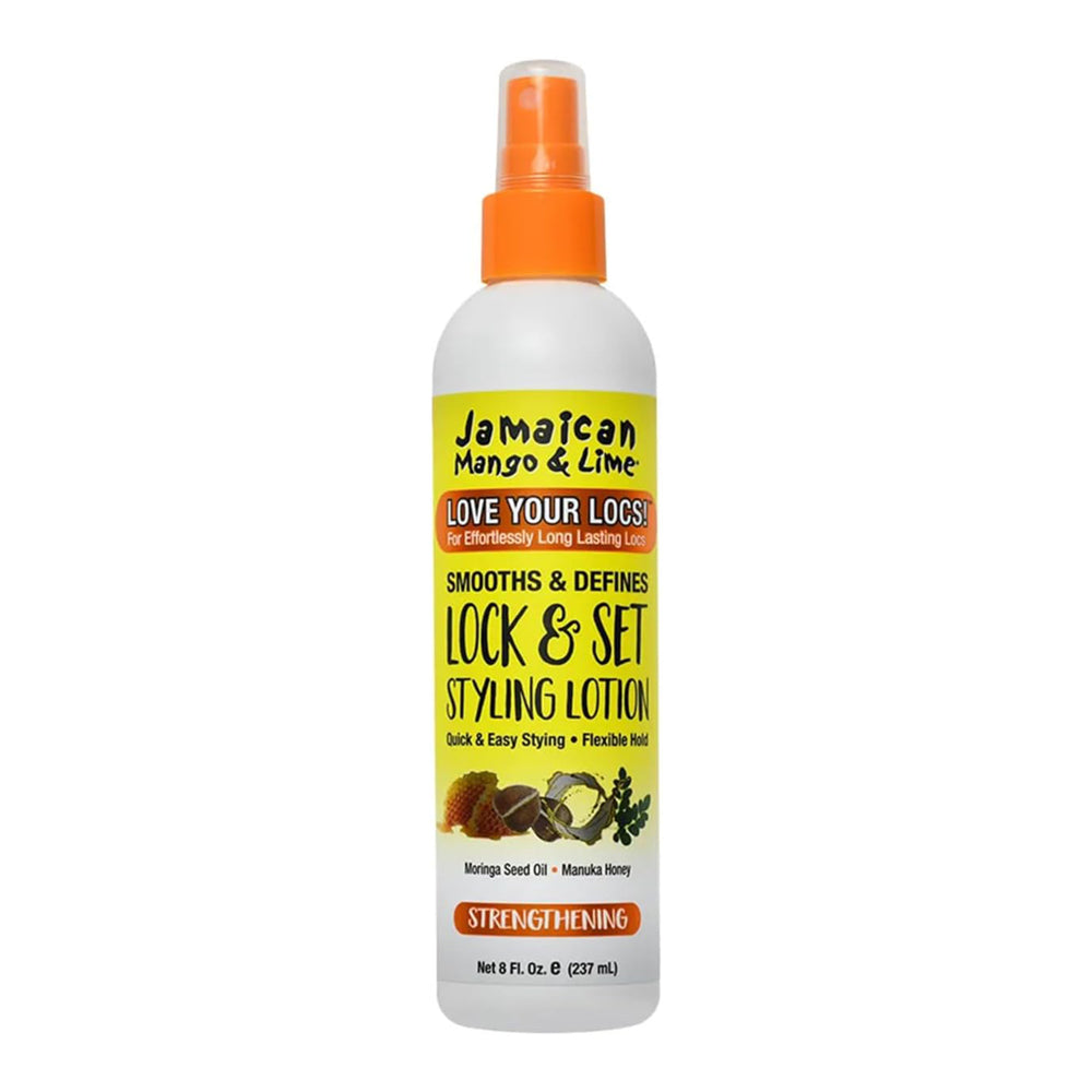 A bottle of Jamaican Mango & Lime Love Your Losses Lock & Set Styling Lotion, featuring a white bottle with an orange spray nozzle and a yellow label with black and red text.