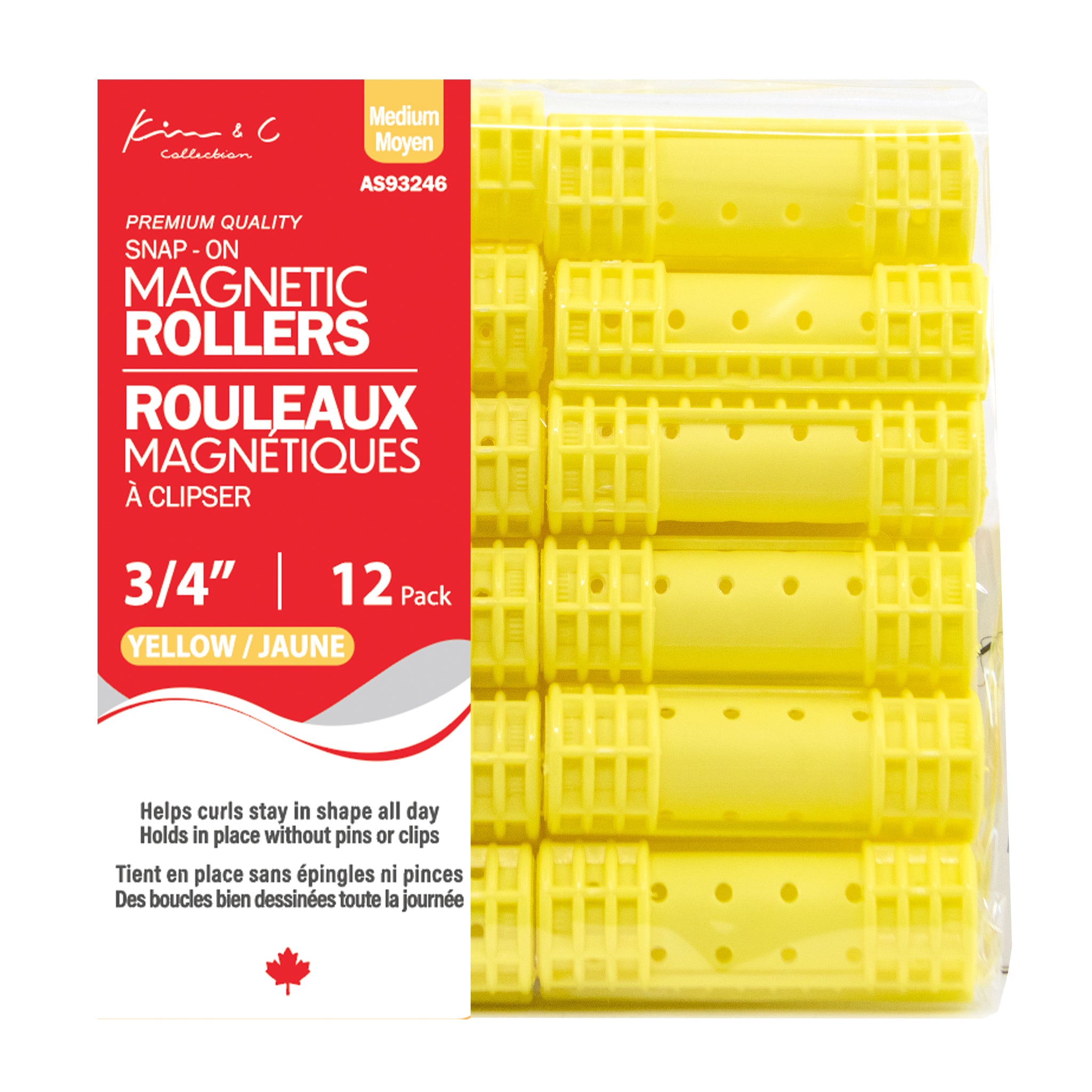 Pack of yellow magnetic rollers with red packaging on a white background