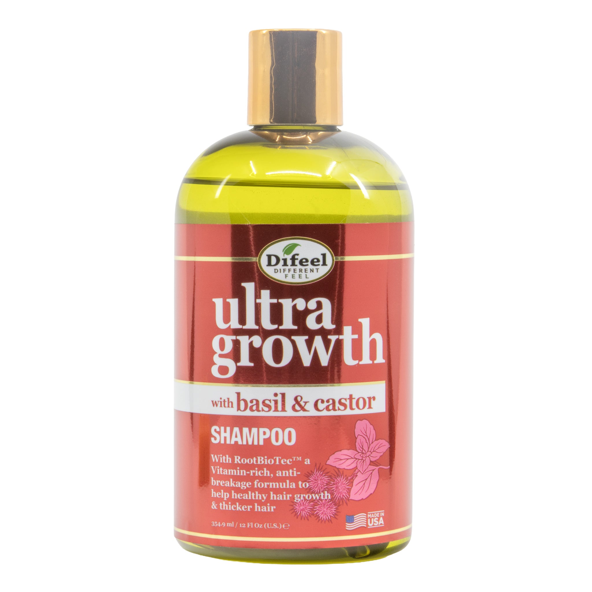 Difeel ultra growth shampoo bottle with basil and castor ingredients on a white background