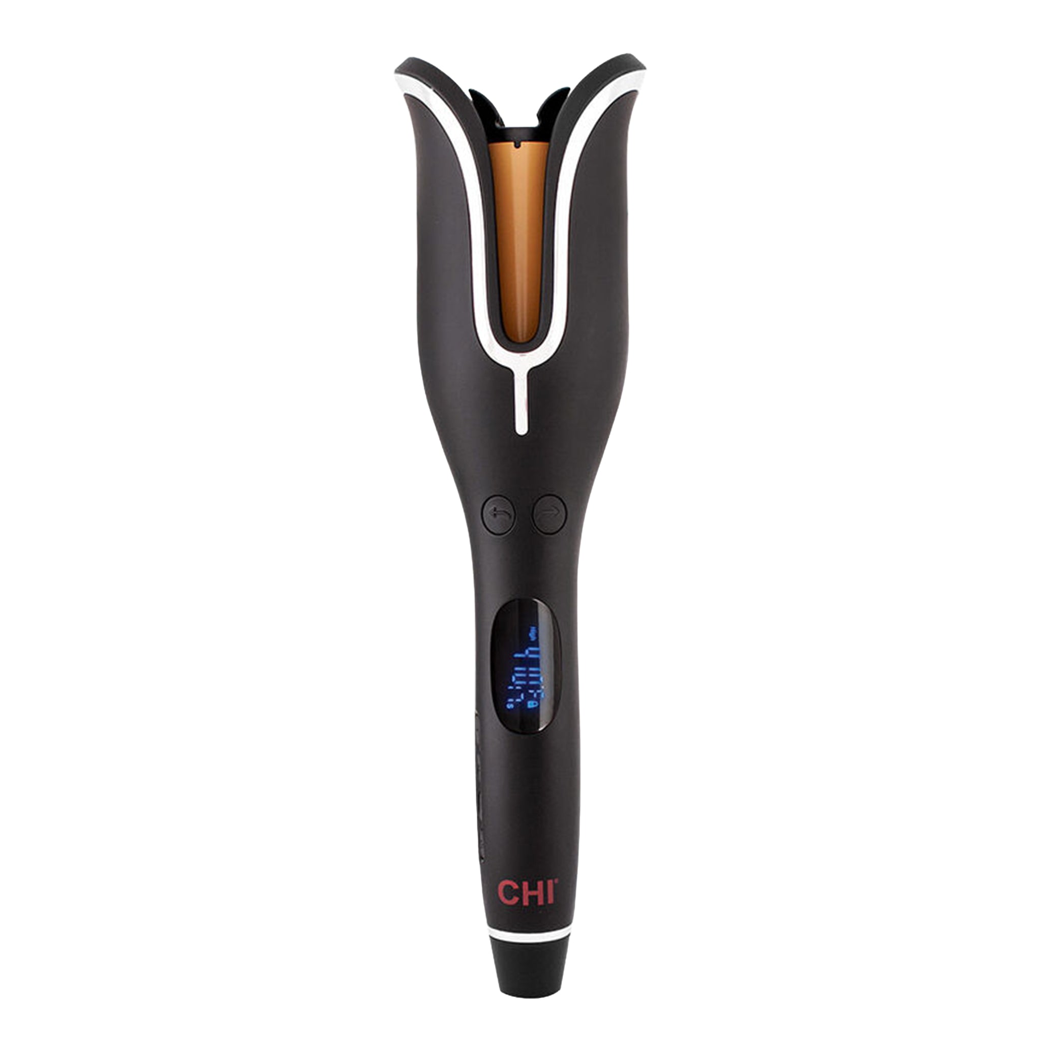 Black hair styling tool with digital display on a white background