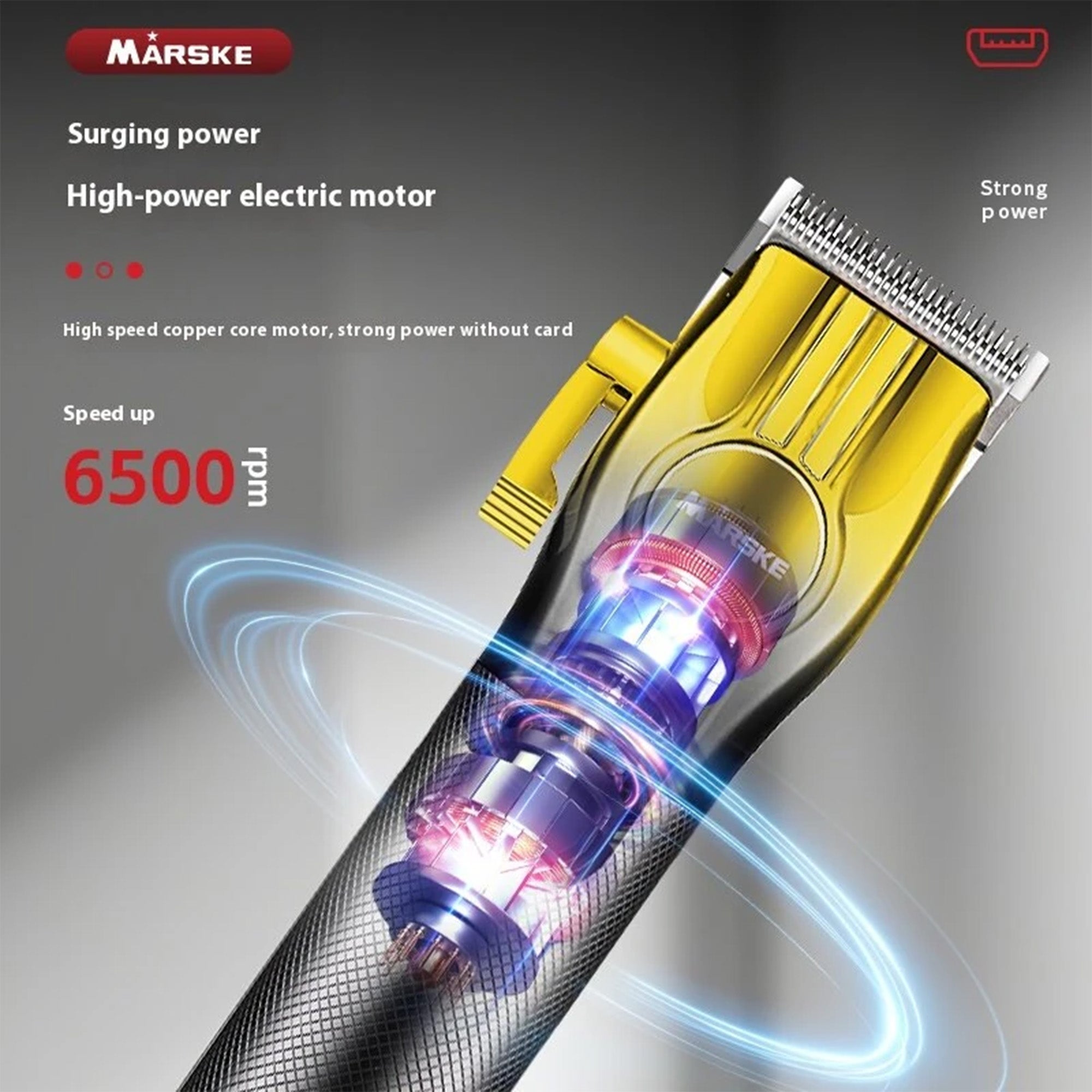 Hair clipper with high-speed electric motor and glowing components on a dark background