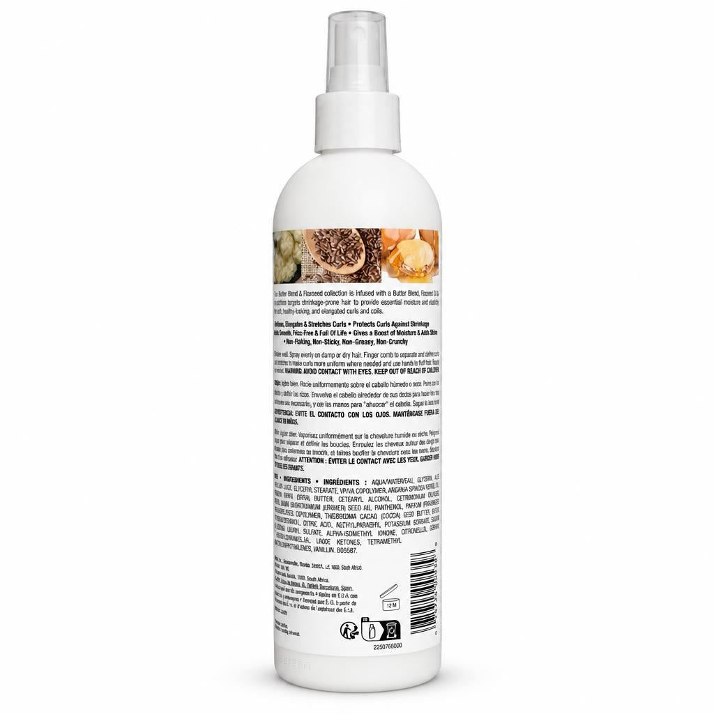 A white plastic spray bottle of hair care product, shown from the back to display the detailed ingredient and usage text in Portuguese, with a clear spray top and a small label featuring natural ingredients.