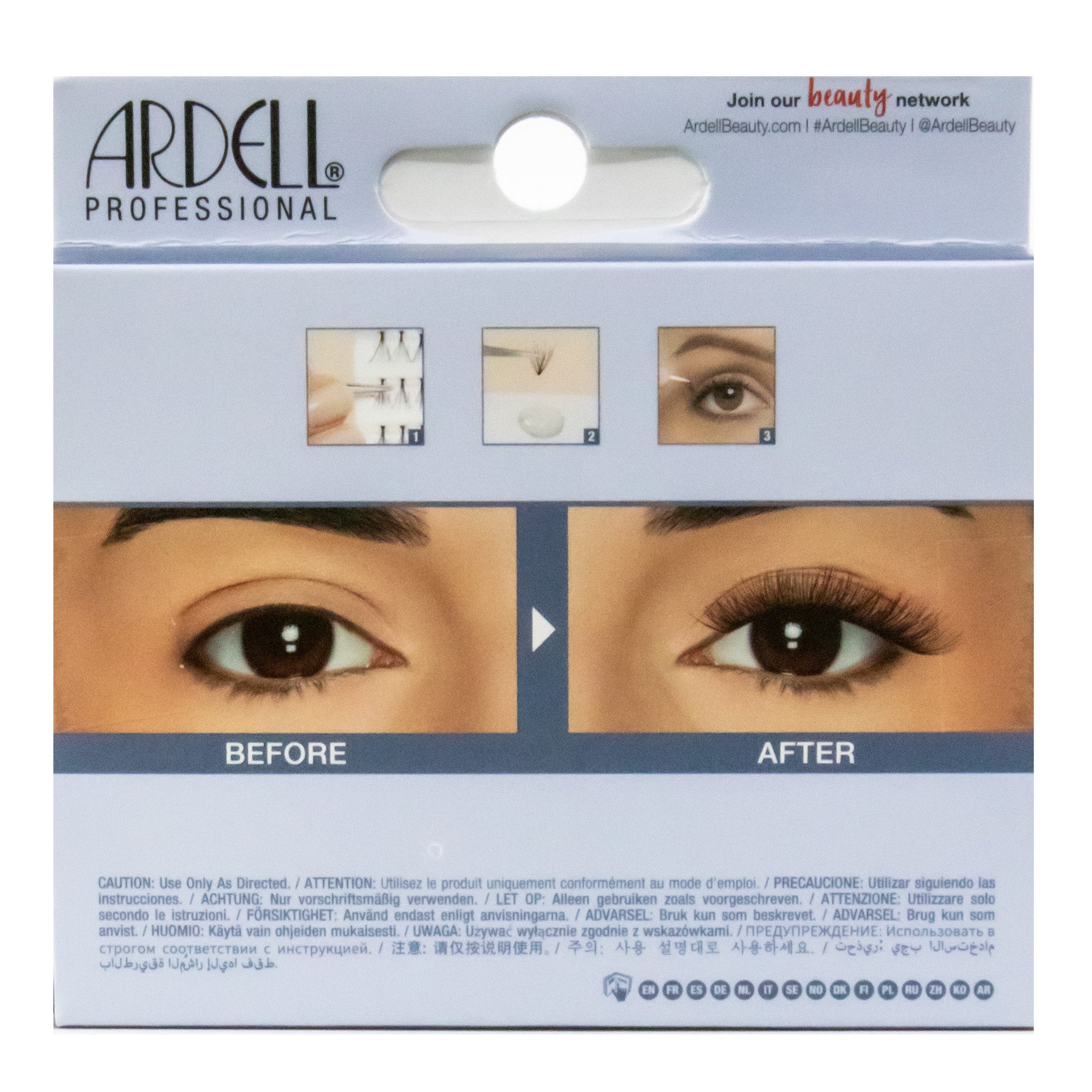 Ardell Professional eyelash packaging with 'Before' and 'After' effect on eyes.