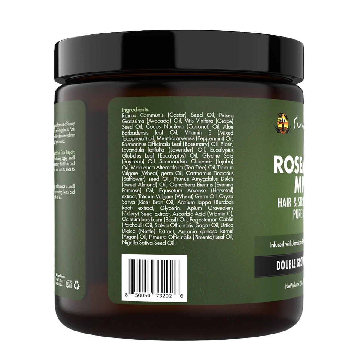 Back view of a green container with text and a barcode on a white background