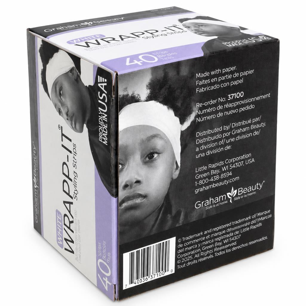 A boxed product labeled GRAMPA'S WRAPP-IT squaring strips, shown at a slight angle on a plain white background. The box is mostly black and white with lavender/purple side panels and printed photos of a person wearing the headband.