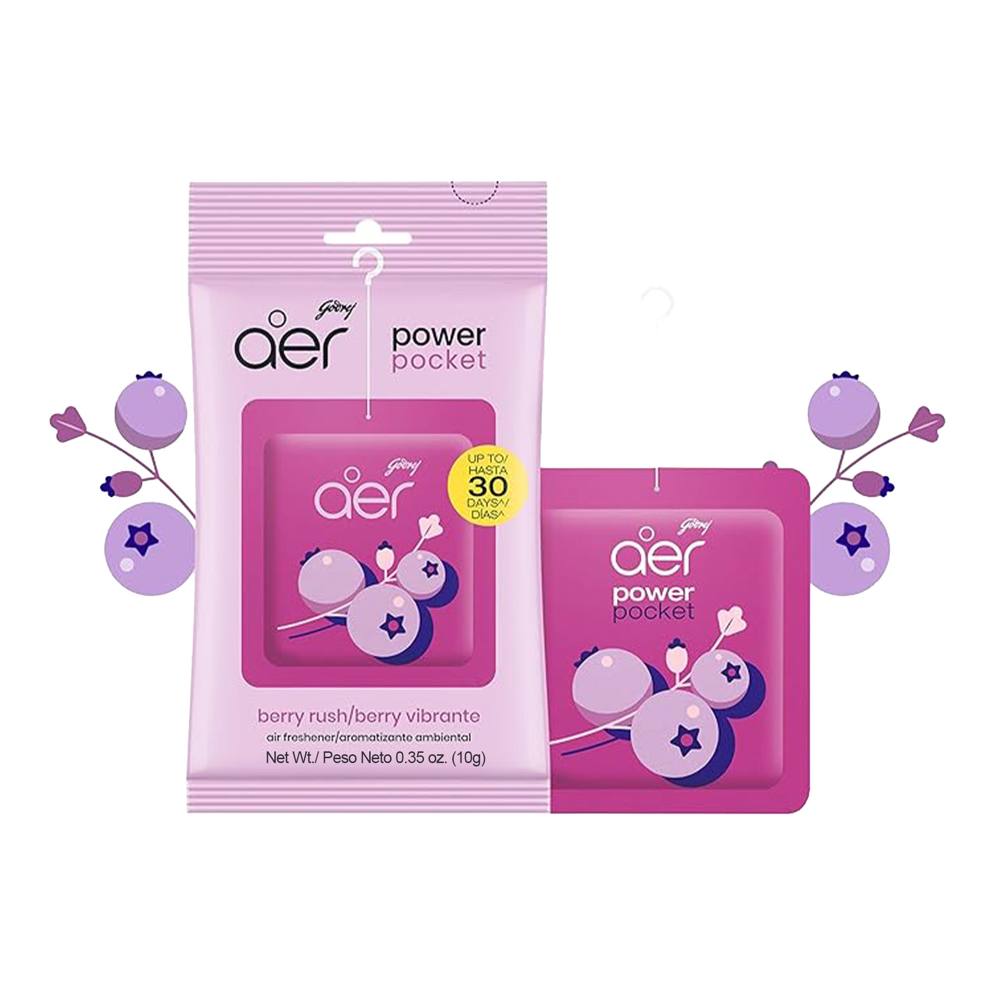 Godrej aer power pocket air freshener packaging with berry flavor on a white background
