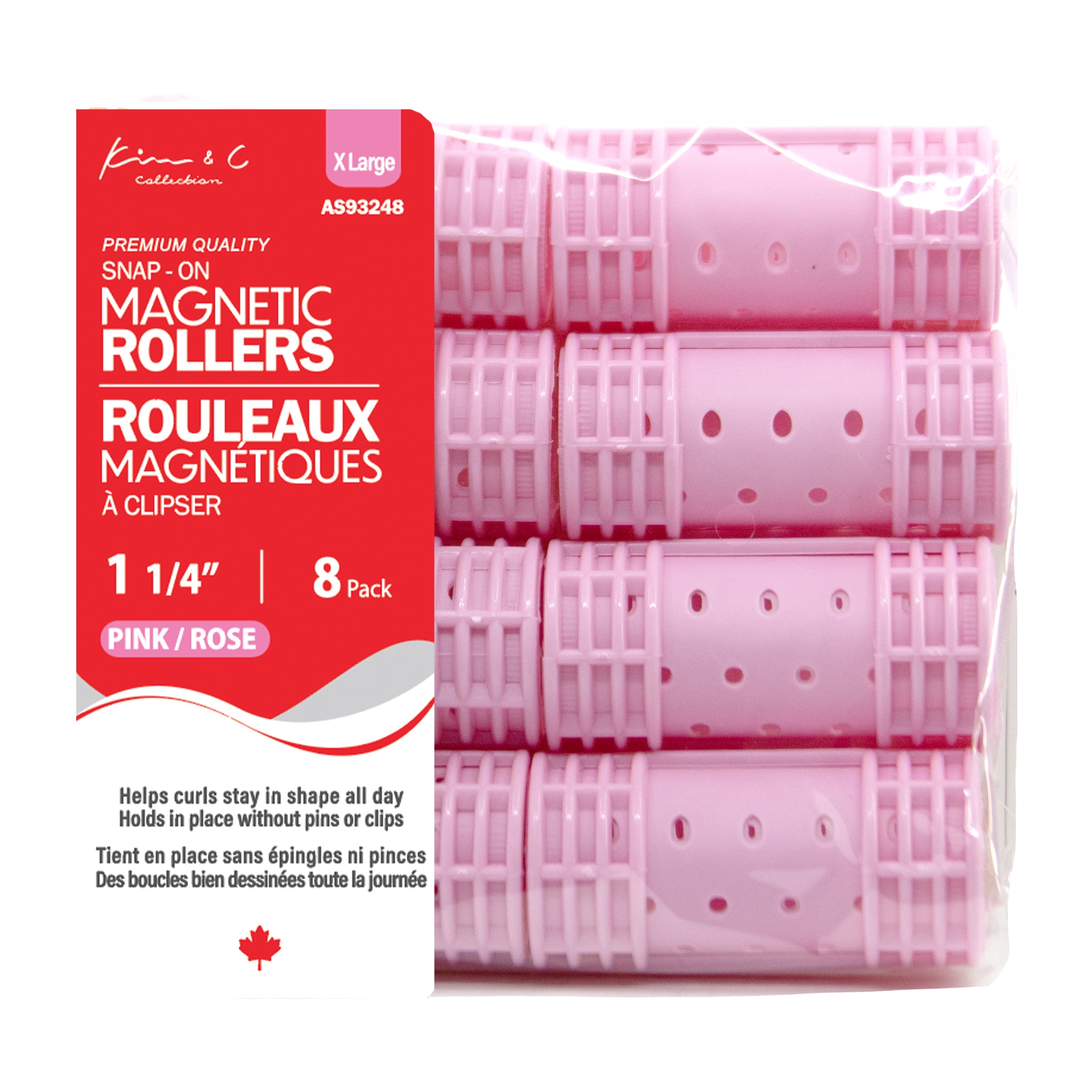 Pack of pink magnetic rollers with packaging displaying brand name and product details.