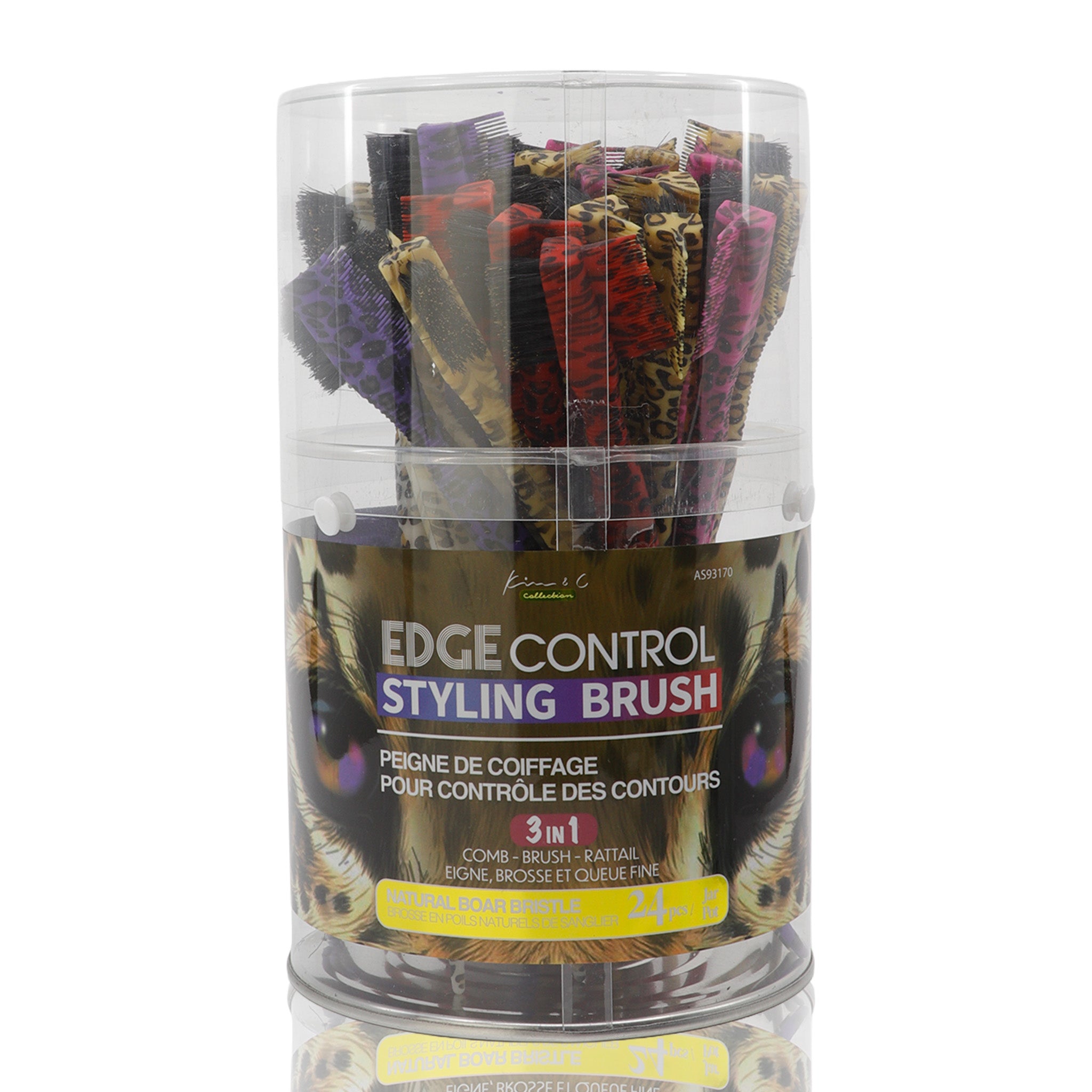 Kim & C Leopard 3 in 1 Edge Control Styling Brush-firm boar bristle-24pcs/Jar