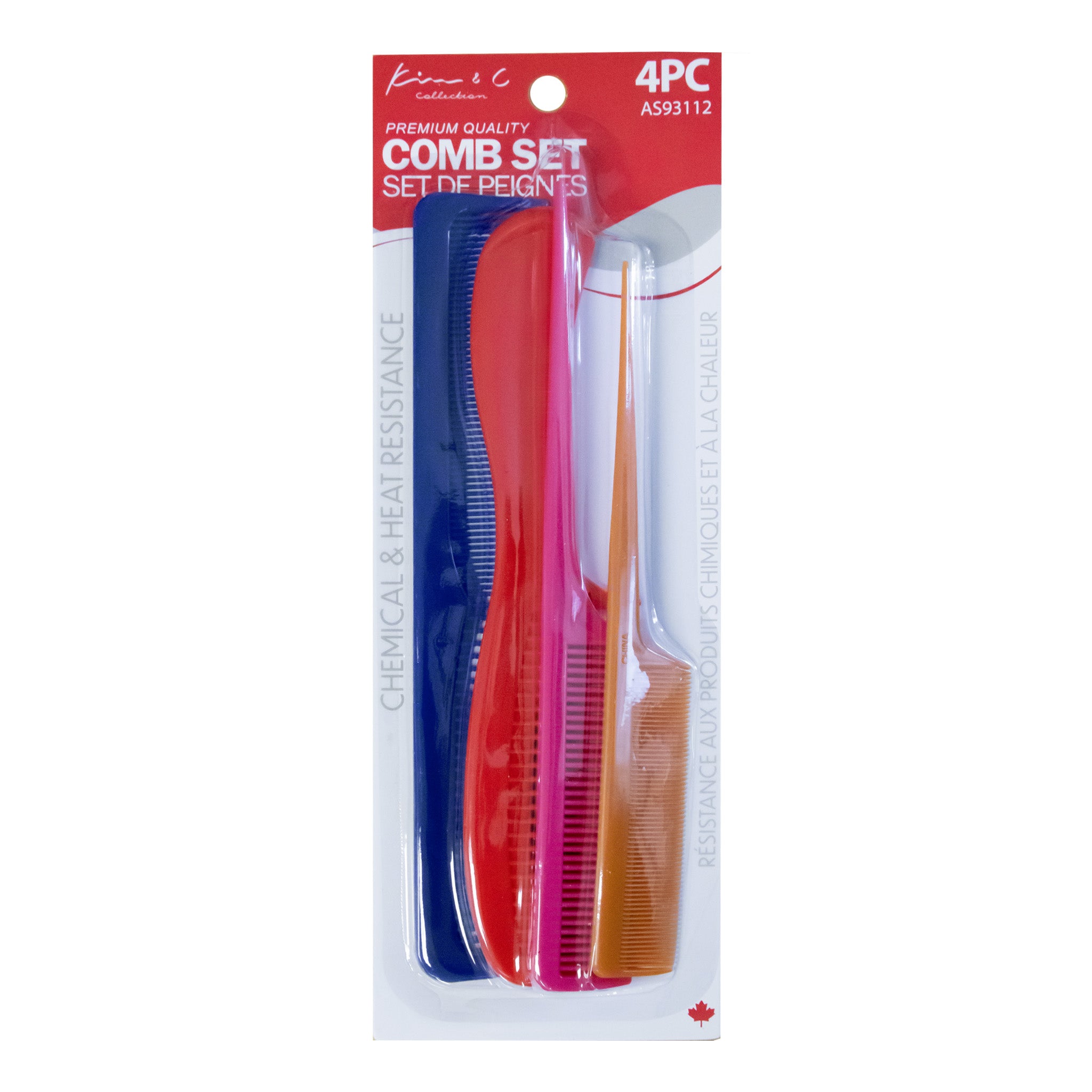 Packaged comb set with four combs in blue, red, and orange on a white background.