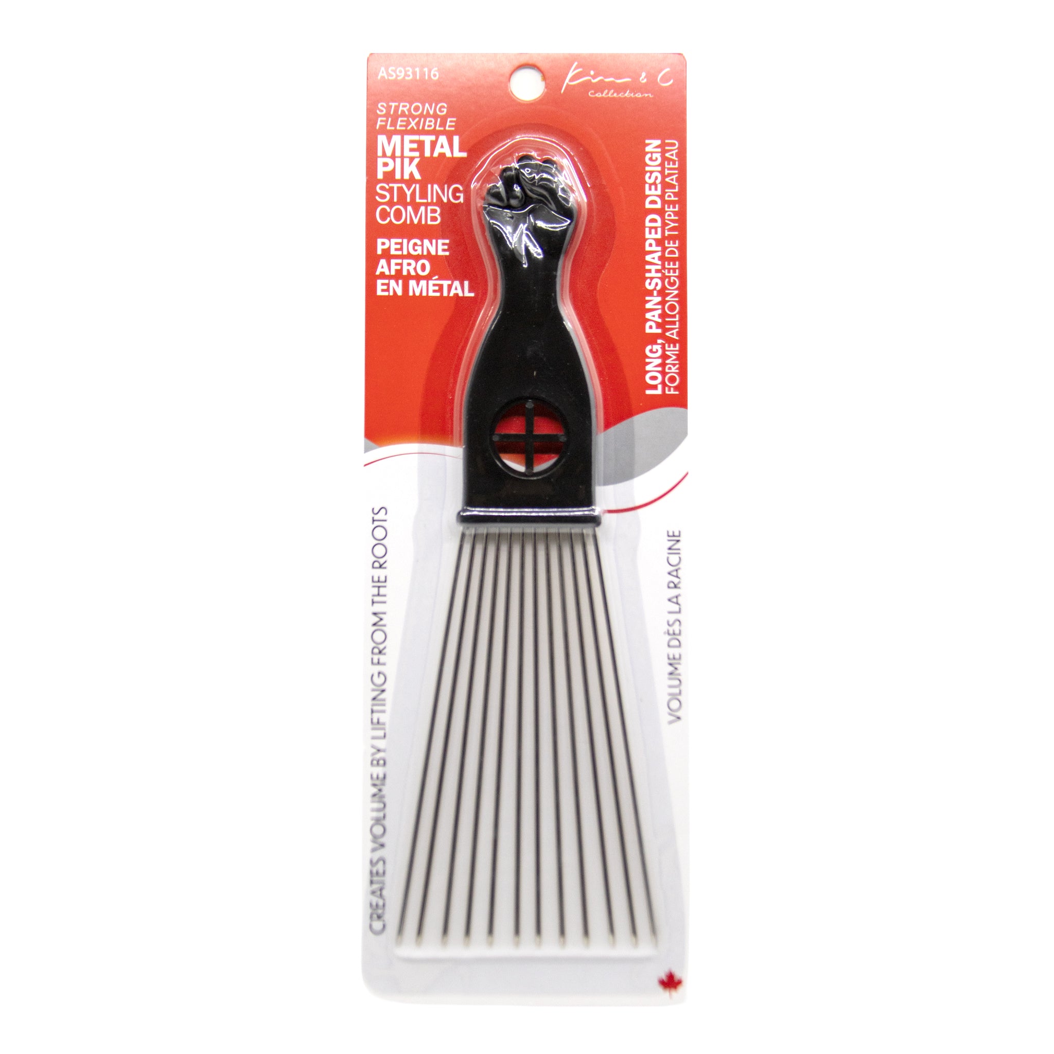 Metal pick styling comb in packaging with red and white design