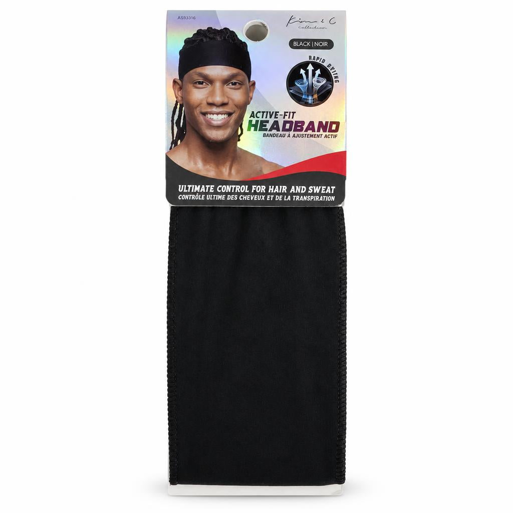 A black athletic headband in its retail packaging, featuring a hanging card with a model wearing the headband and product text including 'ACTIVE-FIT HEADBAND' and 'MADE IN THE USA'.