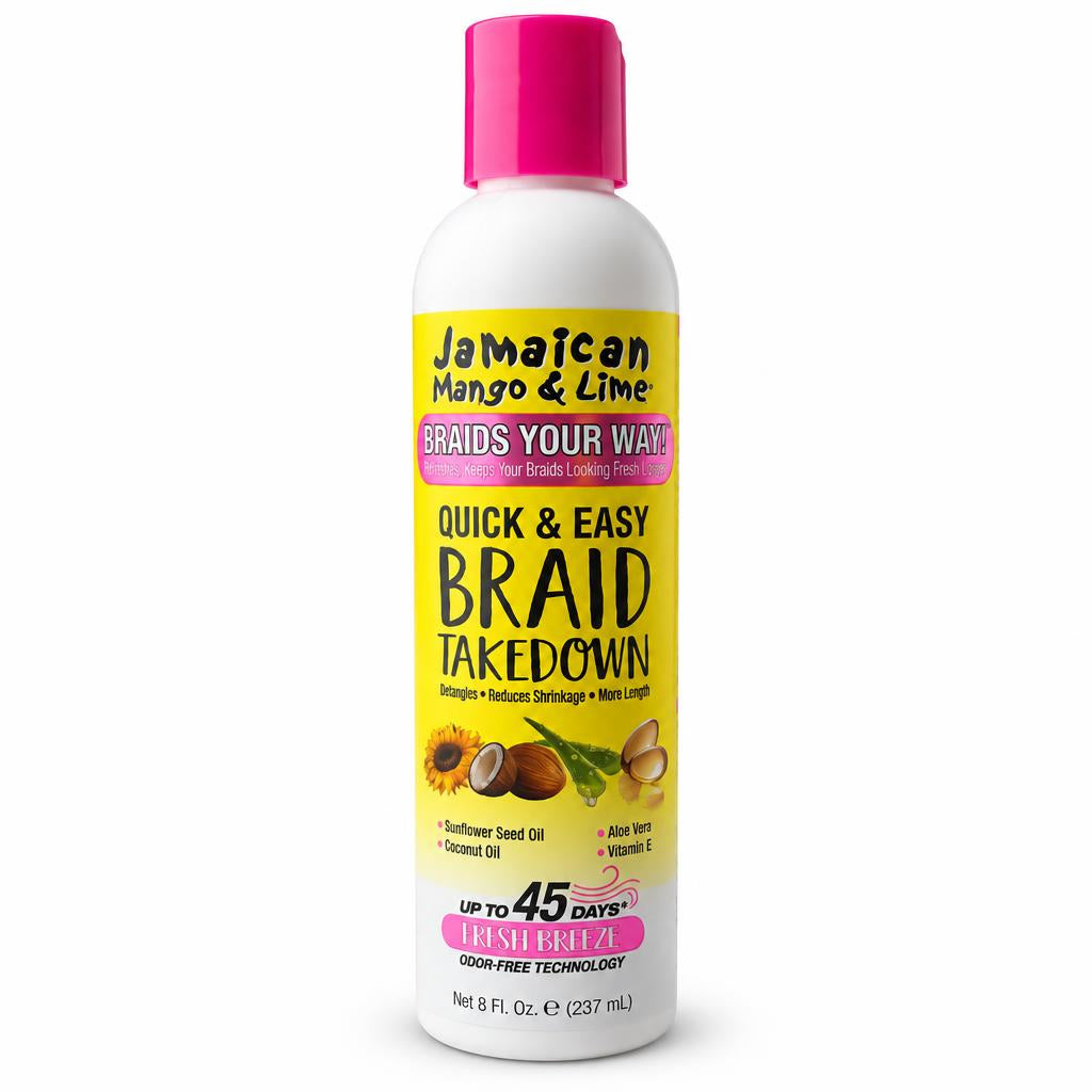 A bottle of Jamaican Mango & Lime Quick & Easy Braid Takedown hair wax for braids, featuring a white bottle with a bright pink cap and a yellow label.