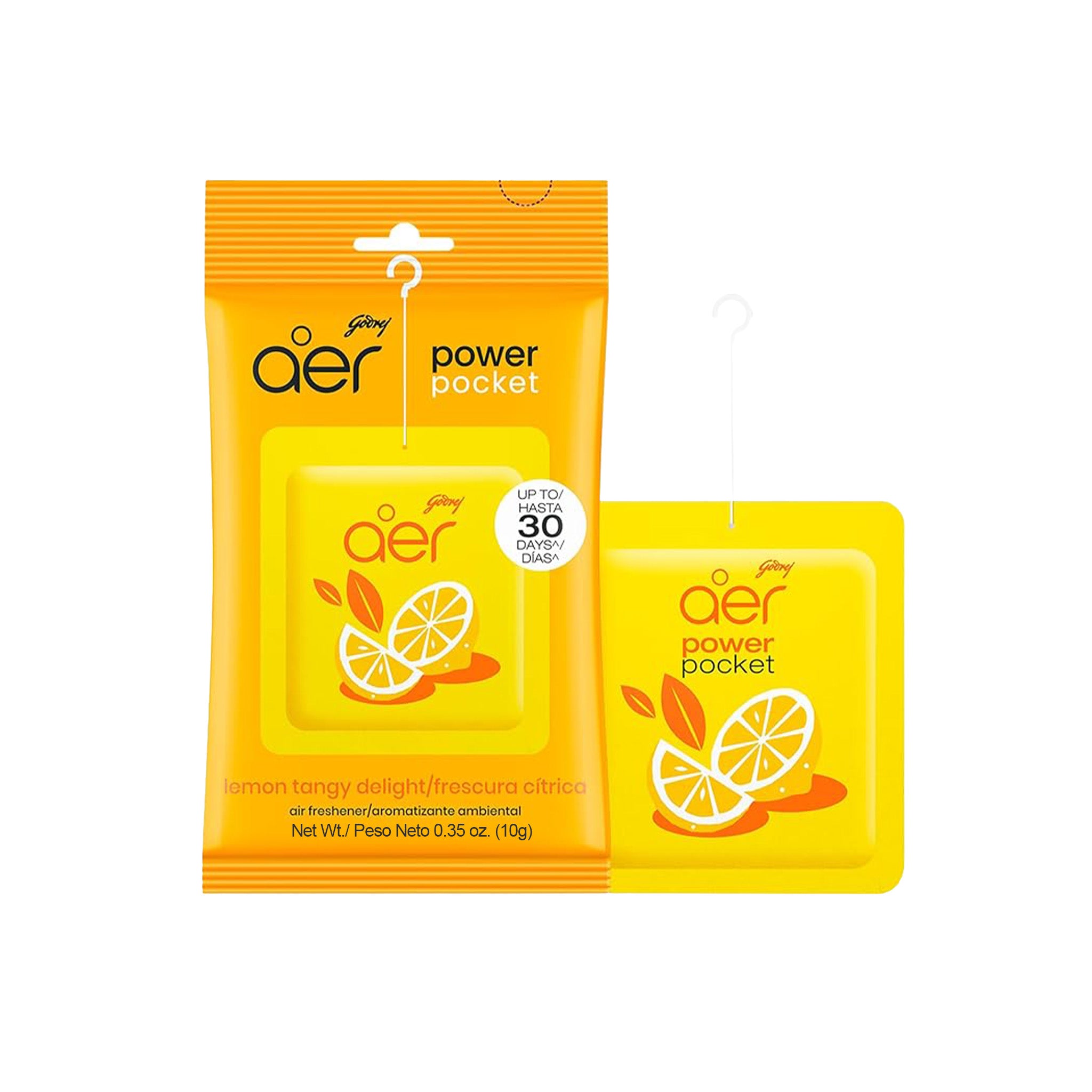 Yellow packaging of Aer power pocket air freshener with lemon design on a white background