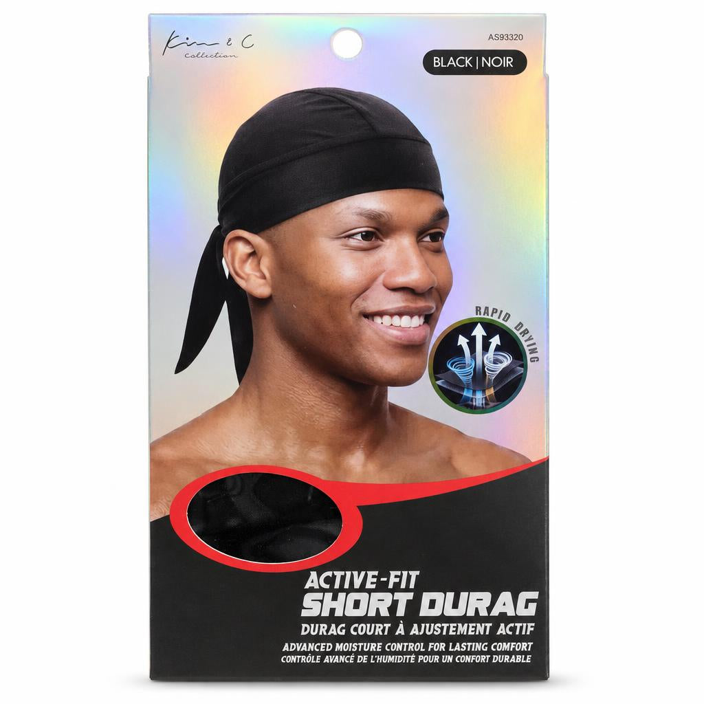 Packaged Kima & C Active-Fit Short Durag in black, featuring a model wearing the black headwrap on the front, with product features and a circular cutout window showing the fabric.