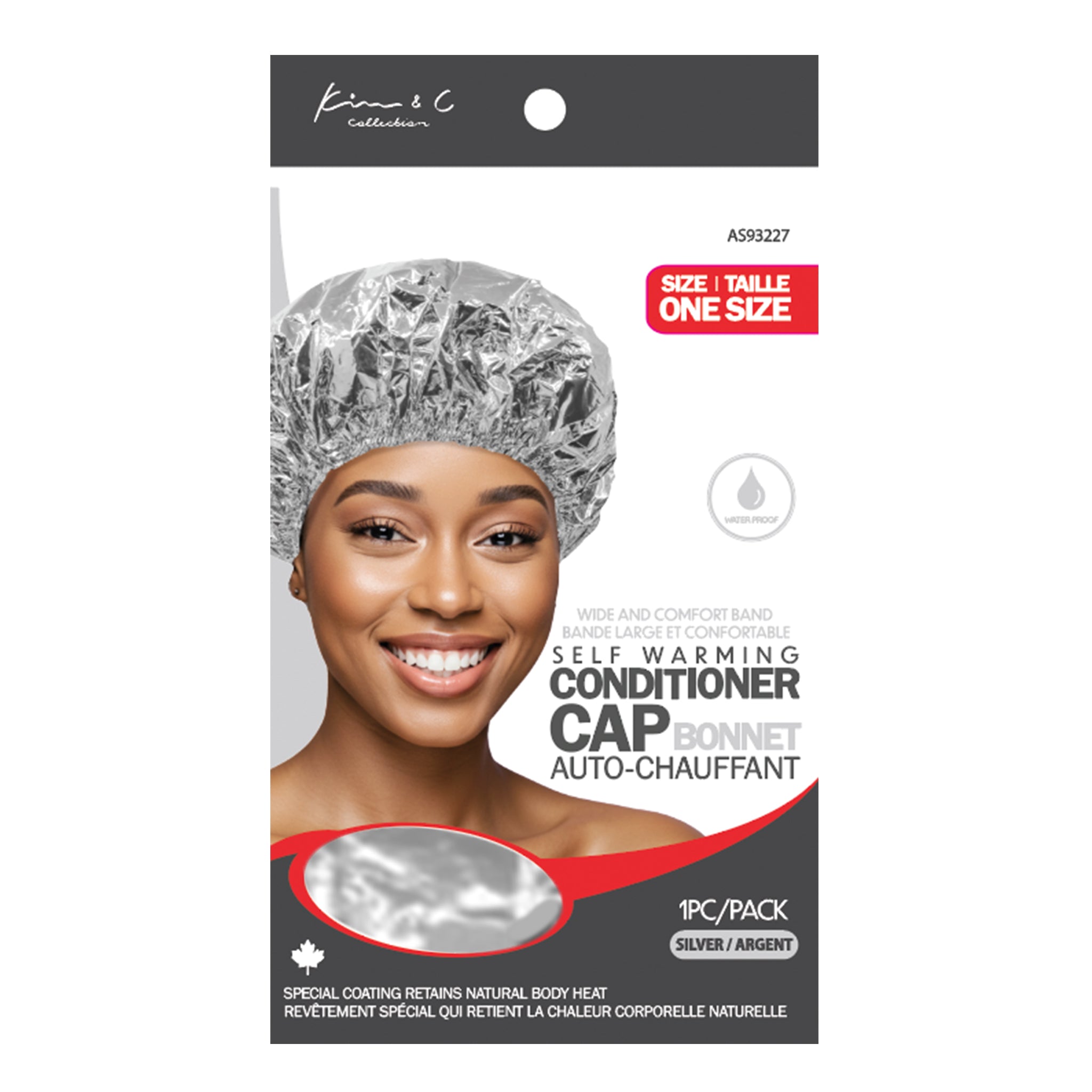 Self-warming conditioner cap packaging with a model wearing the cap on a white background