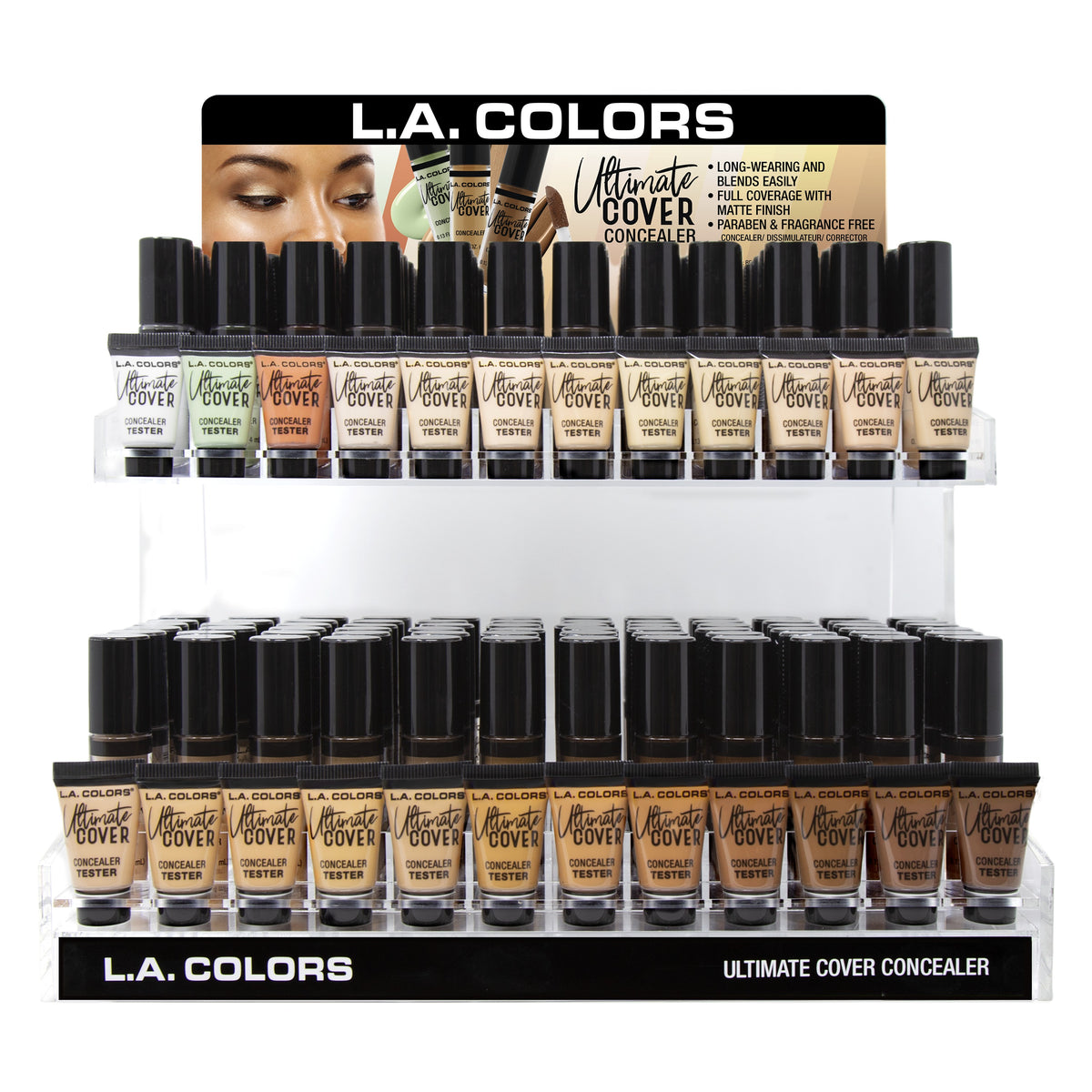 L.A. COLORS Ultimate Cover Concealer Acrylic Display with Testers (0.13oz, 24colors x 6pcs) (CAD453)