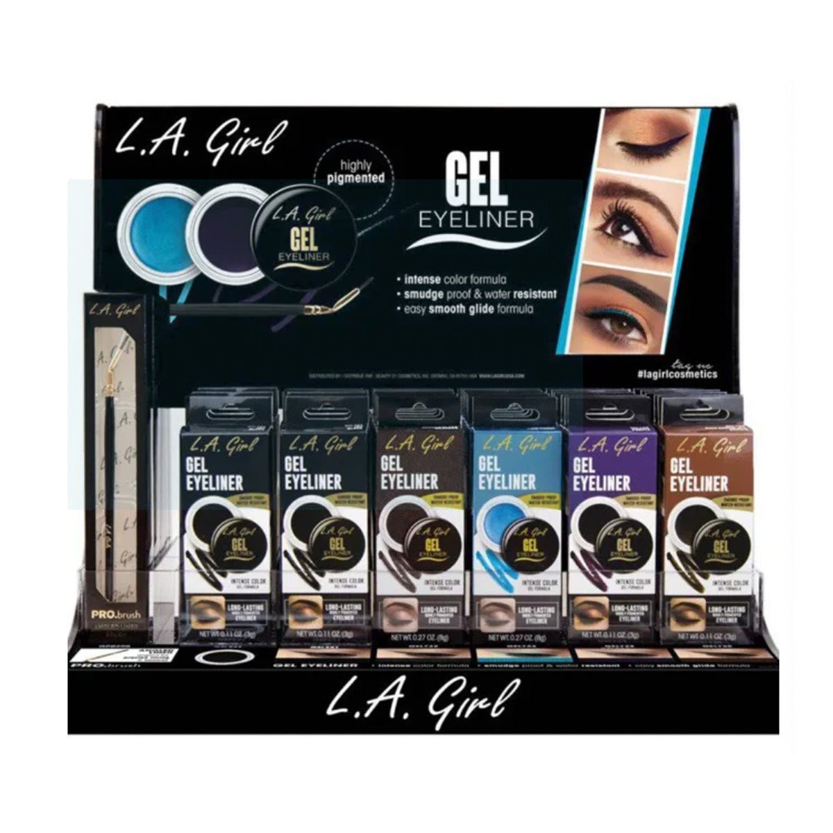 L.A. GIRL Gel Eyeliner Acrylic Display (3g, 5colors x 9pcs, Eyeliner Brush x 9pcs) (GCD270.1)