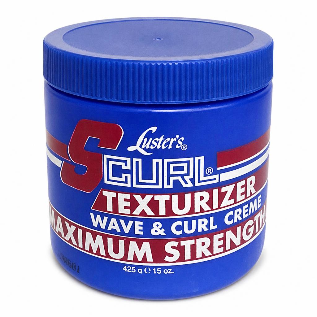 A blue plastic jar of Luster's 5 Curl Texturizer Maximum Strength Wave & Curl Creme, featuring a matching blue screw-on lid and a label with red and white lettering, set against a plain white background.