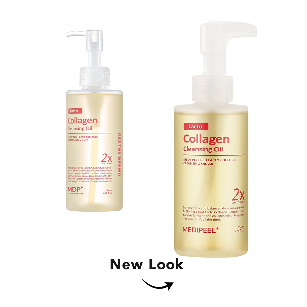 Two bottles of MDP MediPeel Lacto Collagen Cleansing Oil shown on a white background, with one bottle larger in the foreground and a smaller version behind it. Below, the text 'New Look' with a curved arrow indicates a redesigned package.