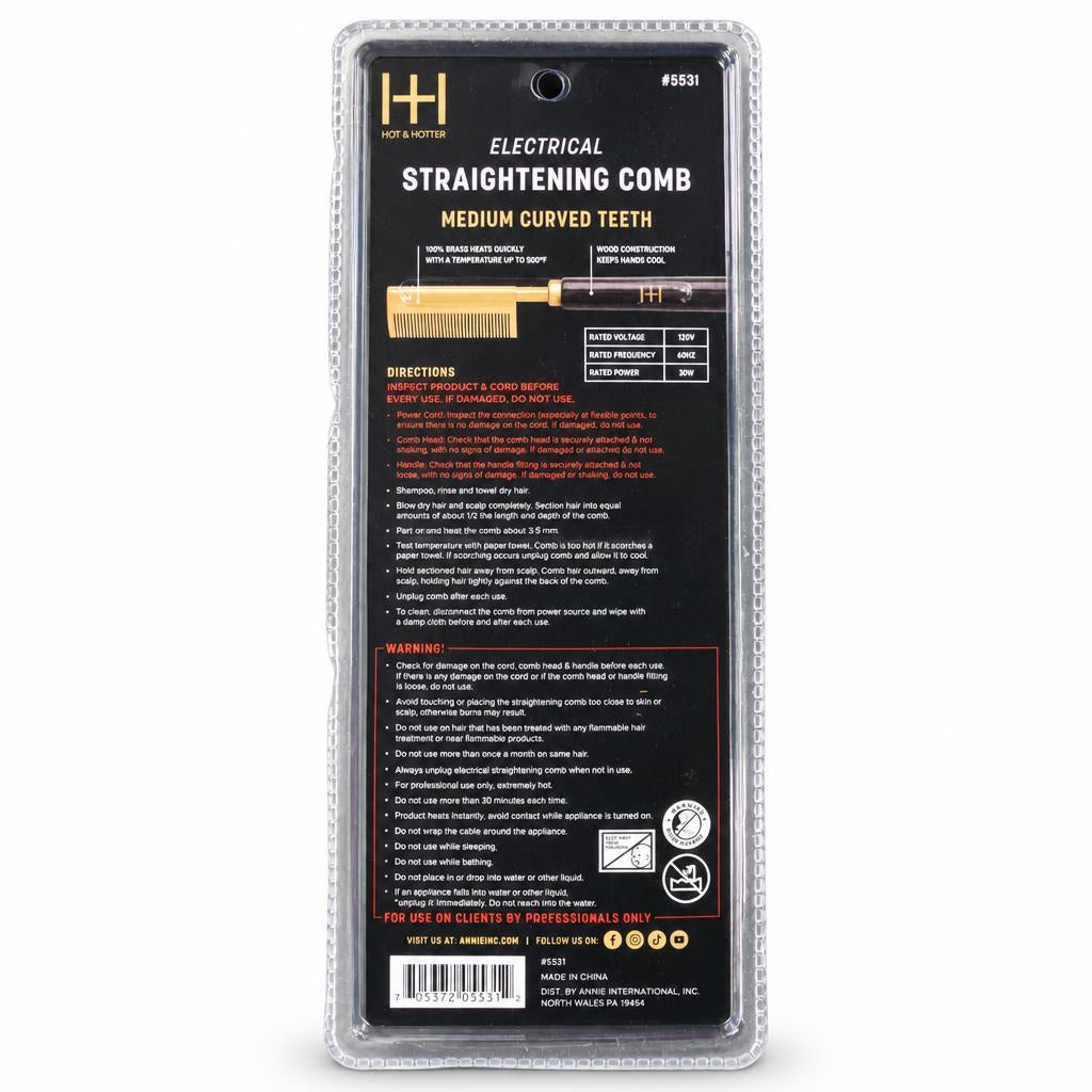 Hot Hoto Electrical Straightening Comb in its original clear plastic blister packaging with a black and orange instruction label.
