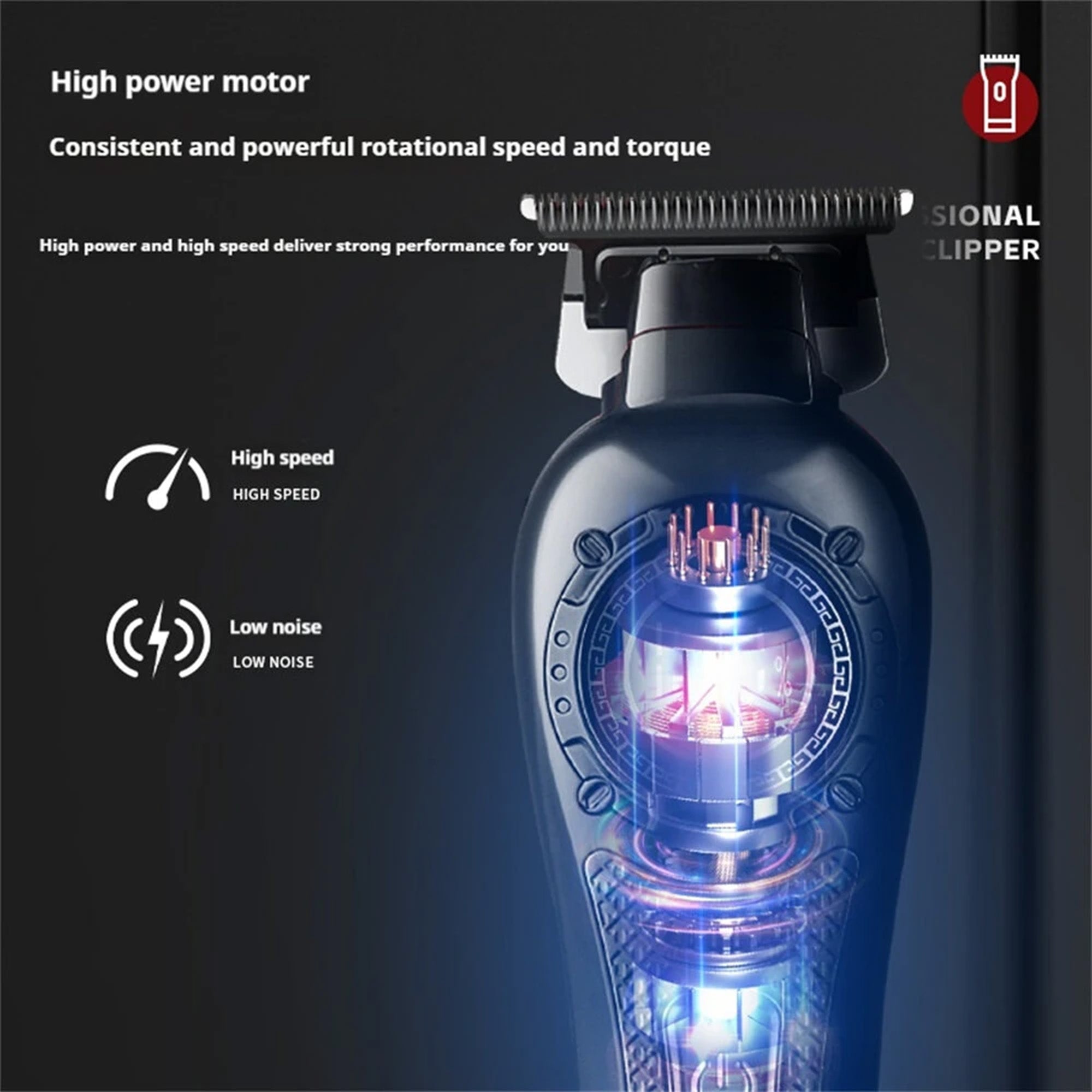 Shaver with text highlighting high power motor and features on a dark background