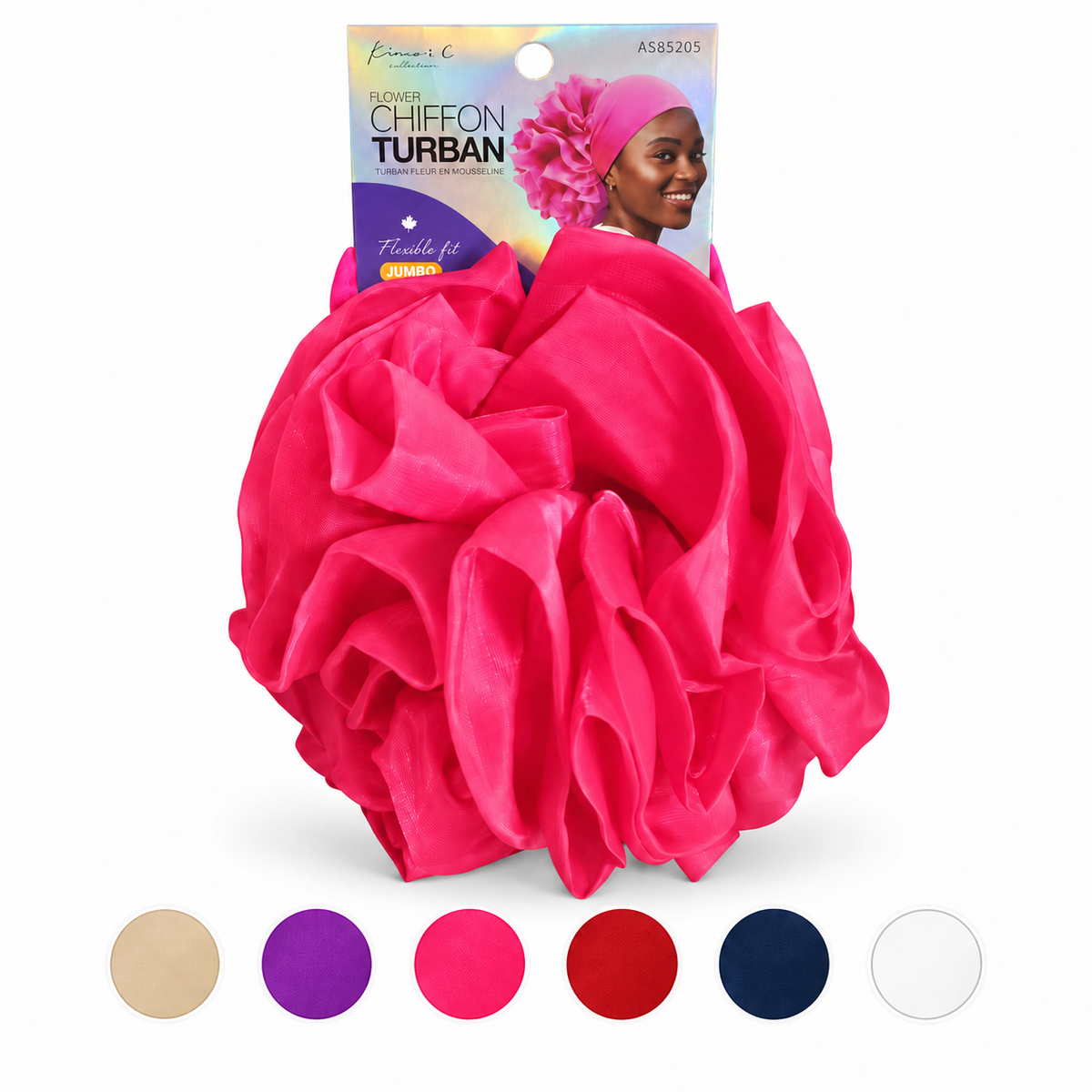 A bright pink ruffled chiffon turban headwrap displayed on its retail card packaging, with six color swatches shown along the bottom of the image.