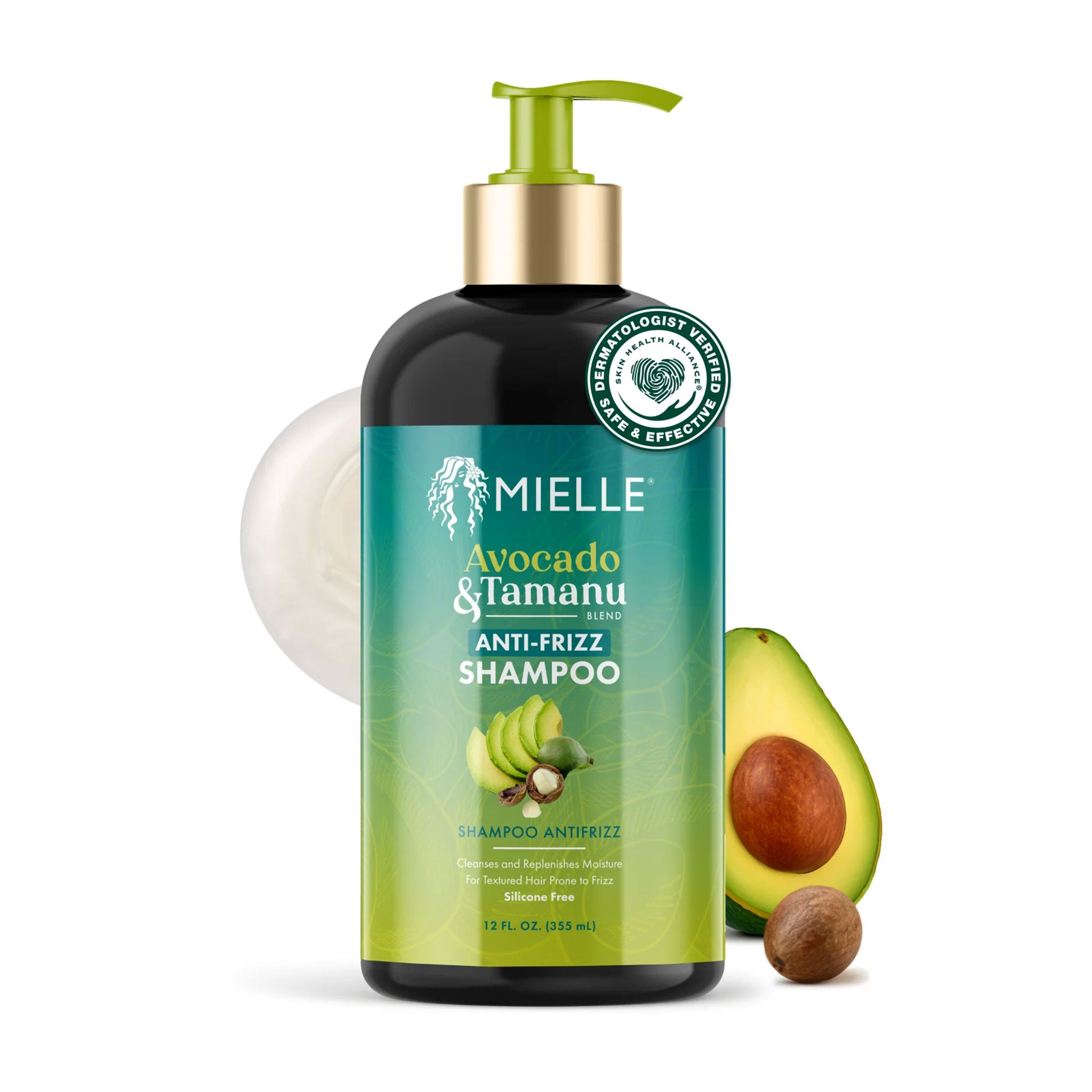Mielle Avocado & Tamanu Anti-Frizz Shampoo bottle with avocado and Tamanu fruit on a white background
