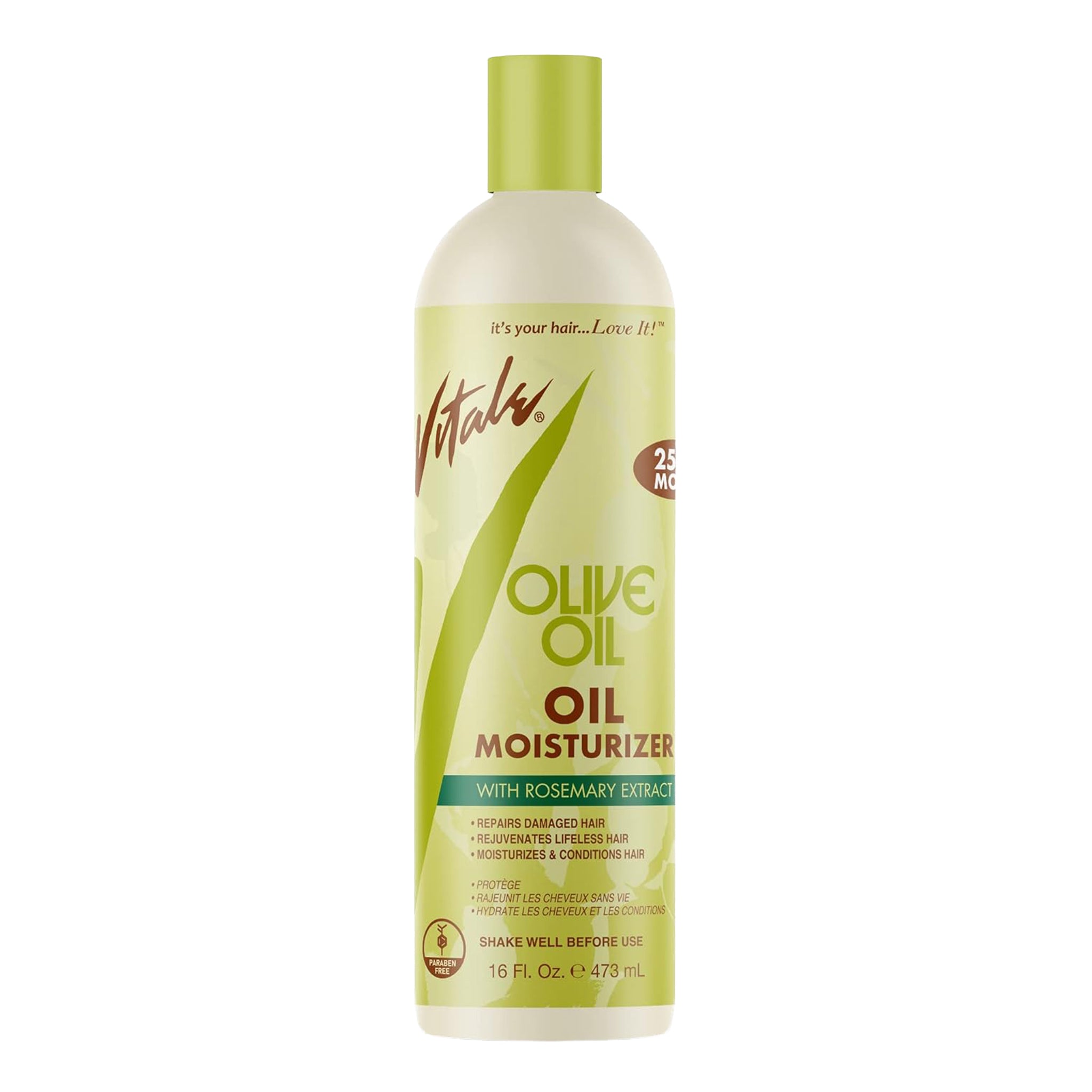 Bottle of olive oil moisturizer with green cap on a white background