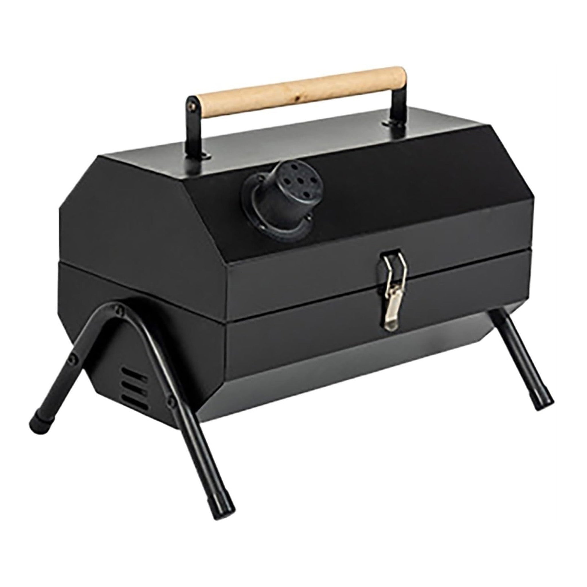 Black portable grill with wooden handle on a white background