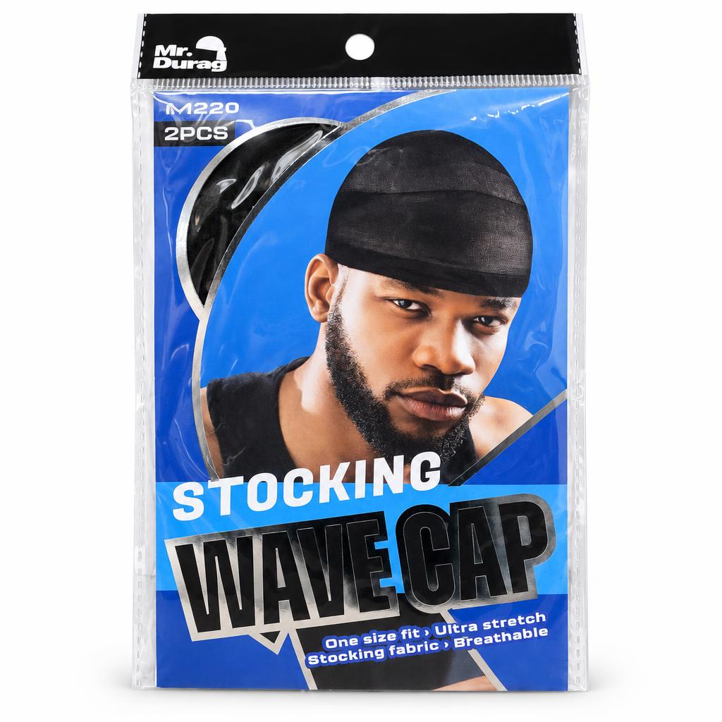 Mr. Durable M1820 Stocking Wave Cap in retail packaging, featuring a black fabric wave cap on a blue and black card insert with a model photo.