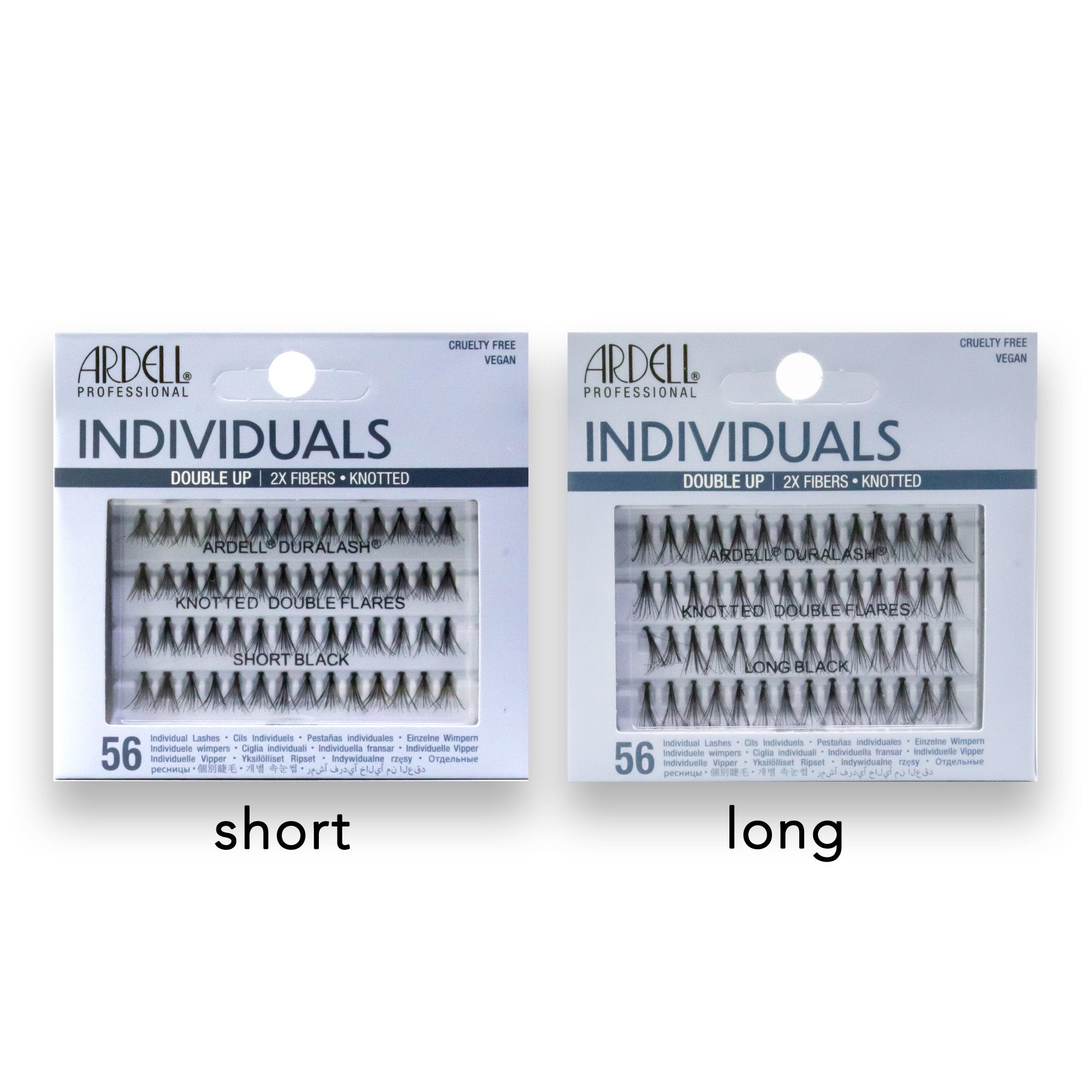 Two packages of Ardell Individual Lashes labeled 'short' and 'long' on a white background.