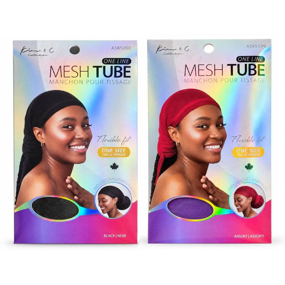 Two retail packages of Kima & C. Mesh Tube One Line elastic hair wraps, shown side-by-side.