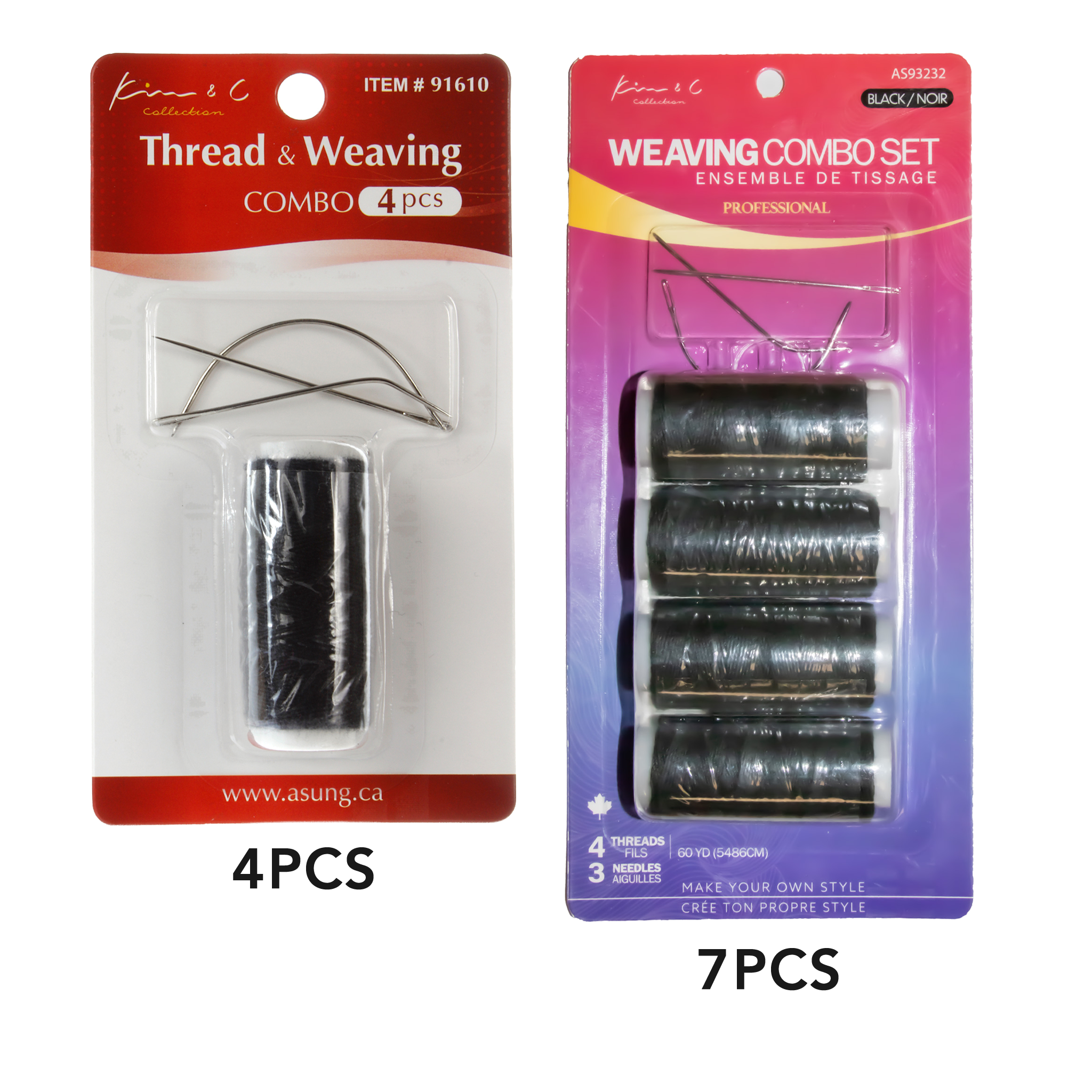 Two packages of thread and weaving sets with different quantities on a white background.