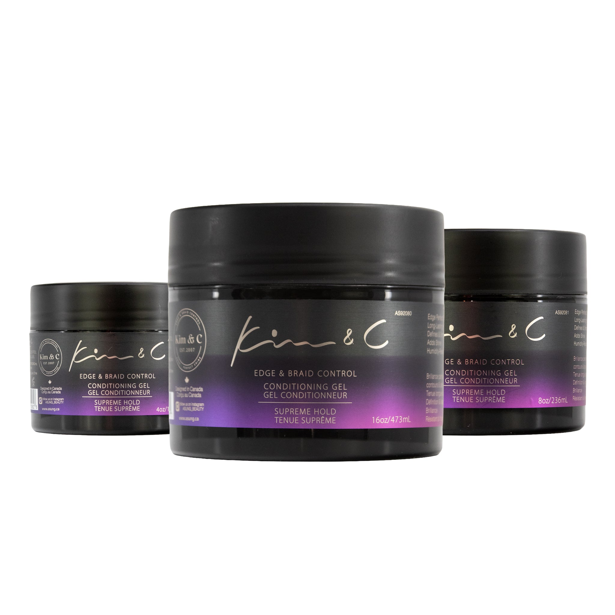 Three jars of 'kim & c' hair product on a white background