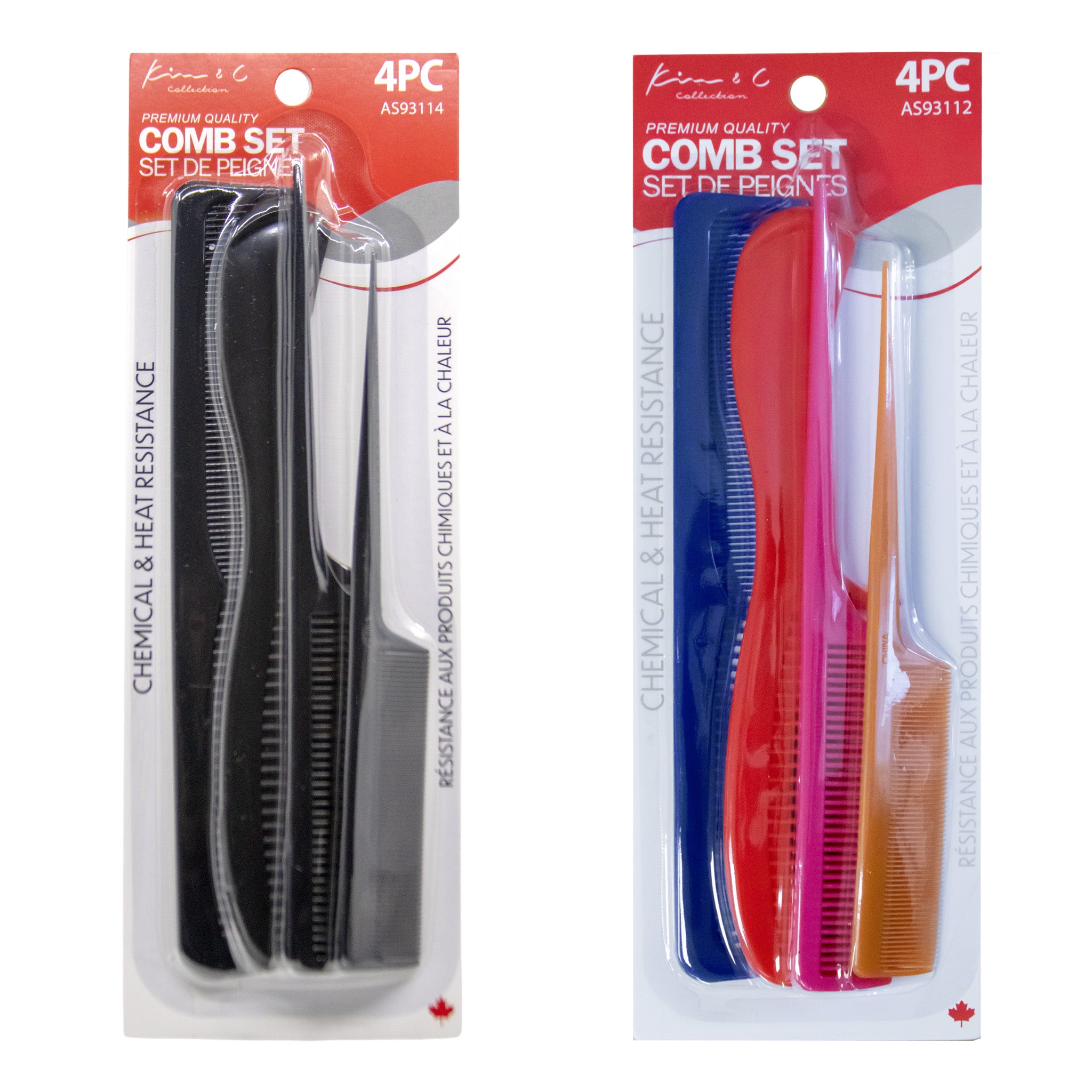 Two packages of comb sets with black and red comb sets on a white background