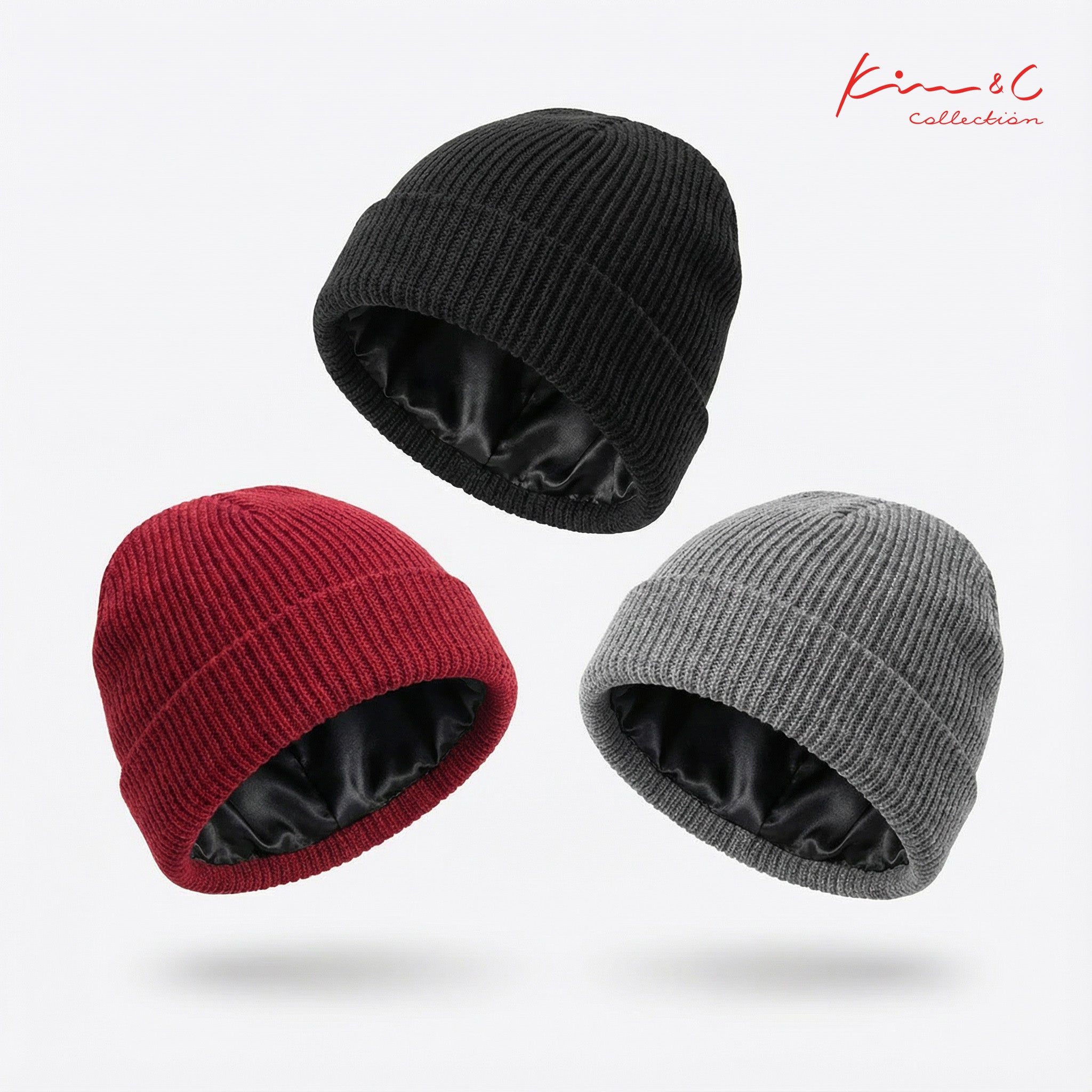 Three knit beanie hats in black, red, and gray on a light gray background with a brand logo.