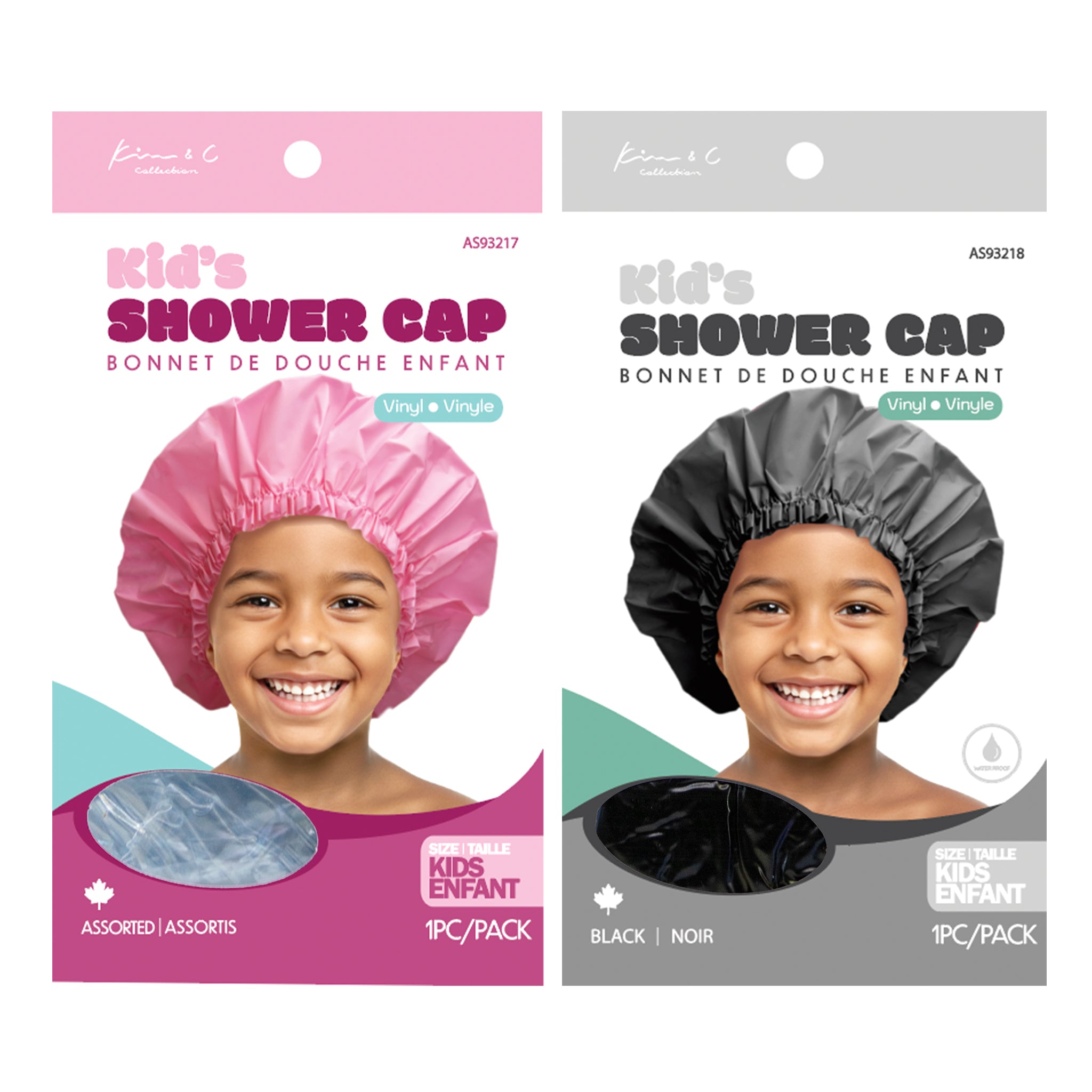 Two packages of kids' shower caps, one pink and one gray, with images of children wearing the caps on a white background.