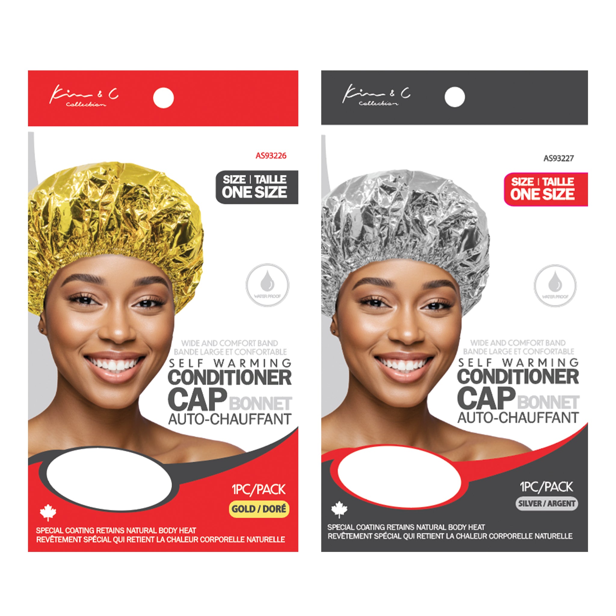 Two packages of self-warming conditioner caps, one gold and one silver, with a model wearing each on a white background.