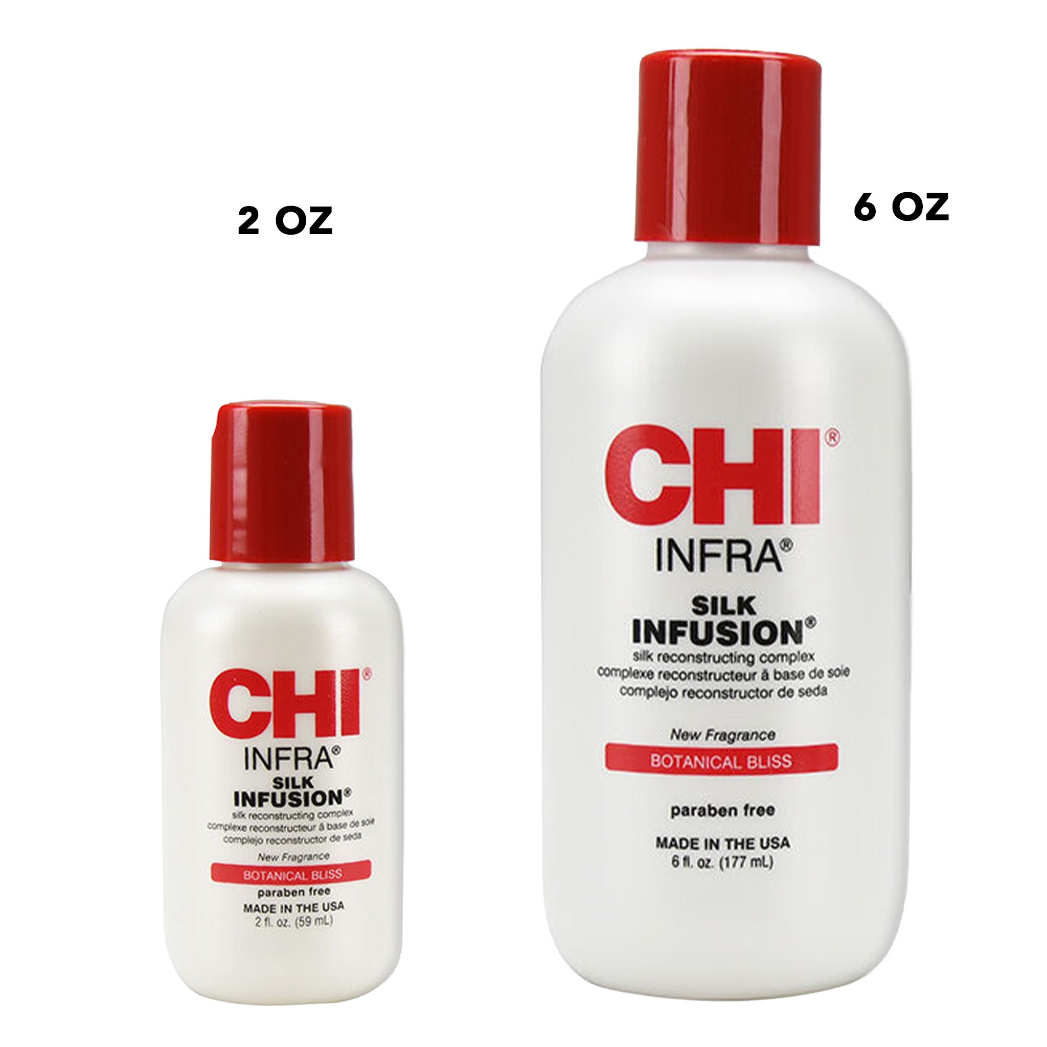 Two bottles of CHI Infra Silk Infusion with different sizes on a white background