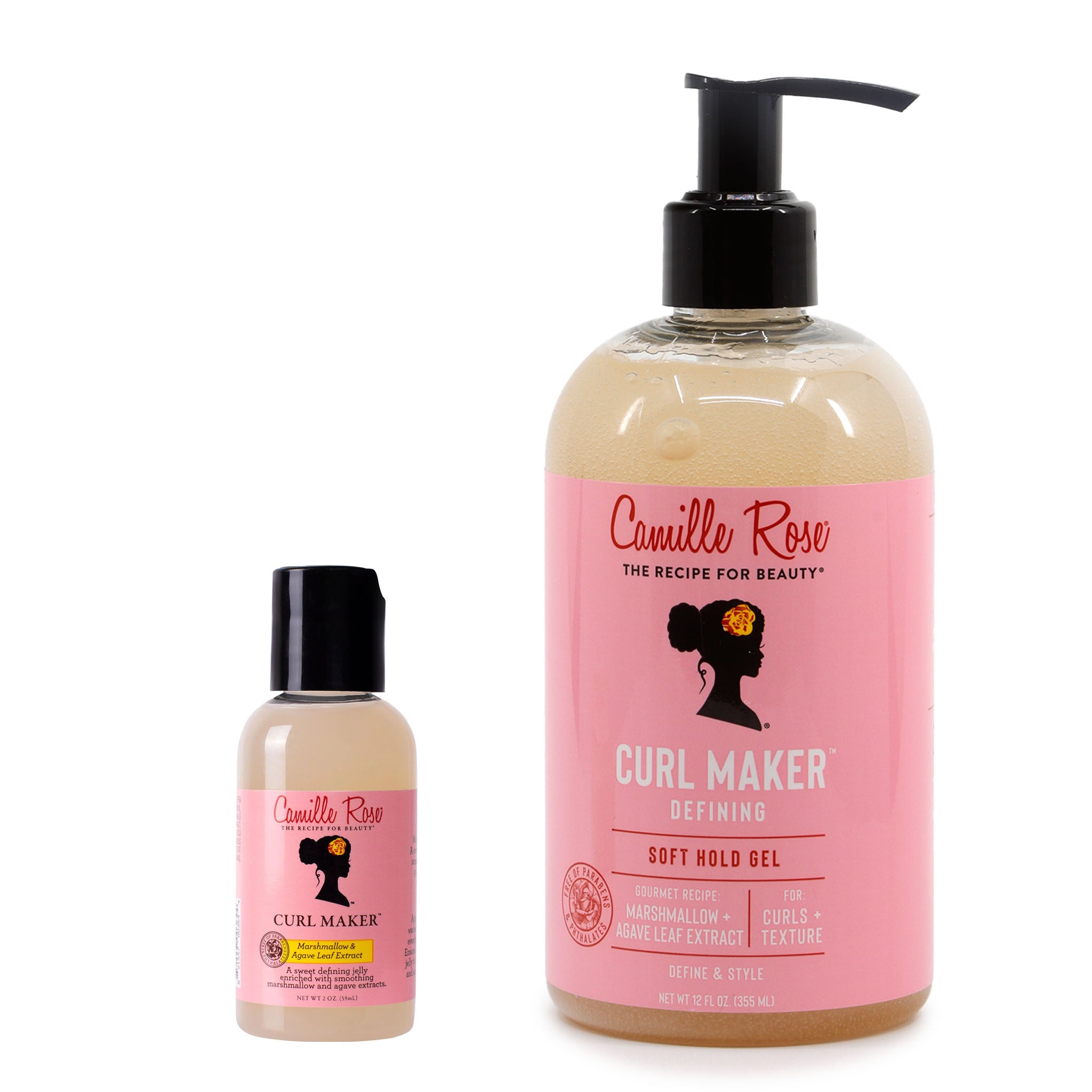 Two bottles of Camille Rose Curl Maker on a white background