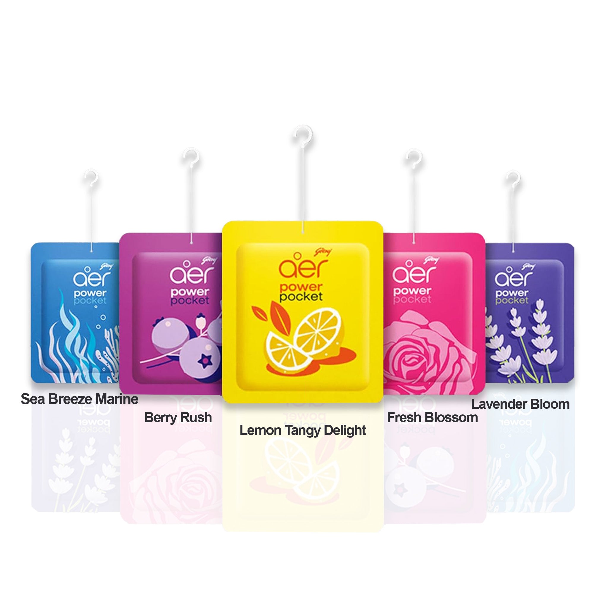 Five scented air freshener packets with different scents on a white background